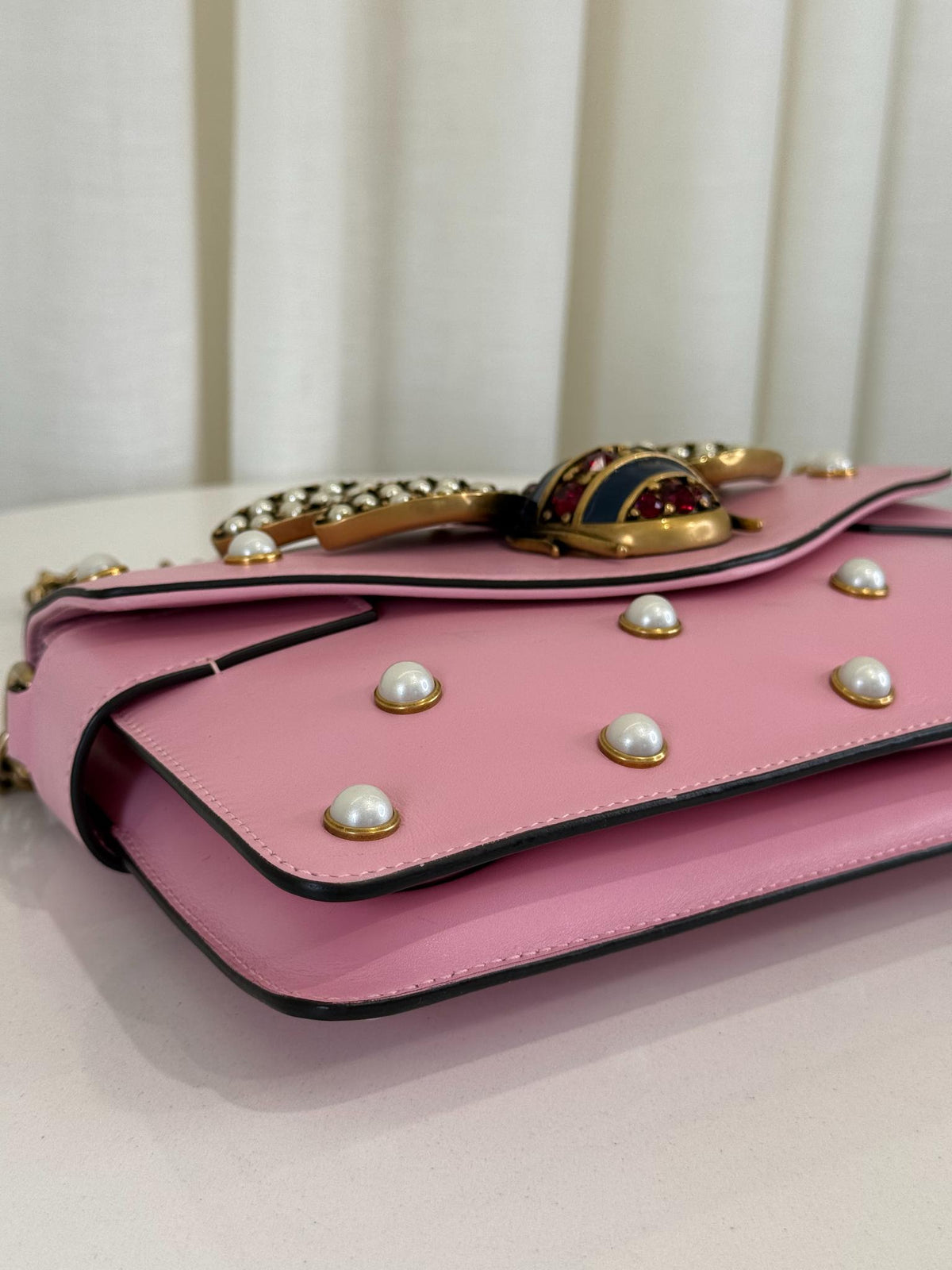Gucci Pink Leather Pearl Studded Queen Margaret Broadway Shoulder Bag