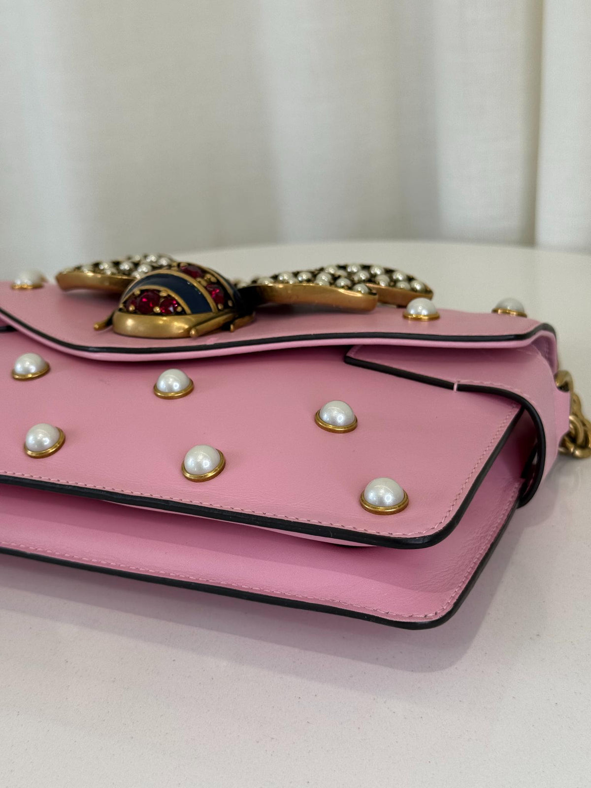 Gucci Pink Leather Pearl Studded Queen Margaret Broadway Shoulder Bag