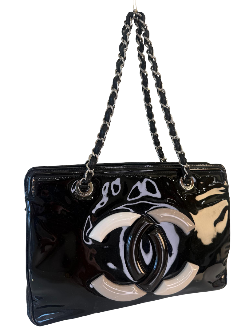 Chanel Black Patent Vinyl Lipstick Ligne Tote