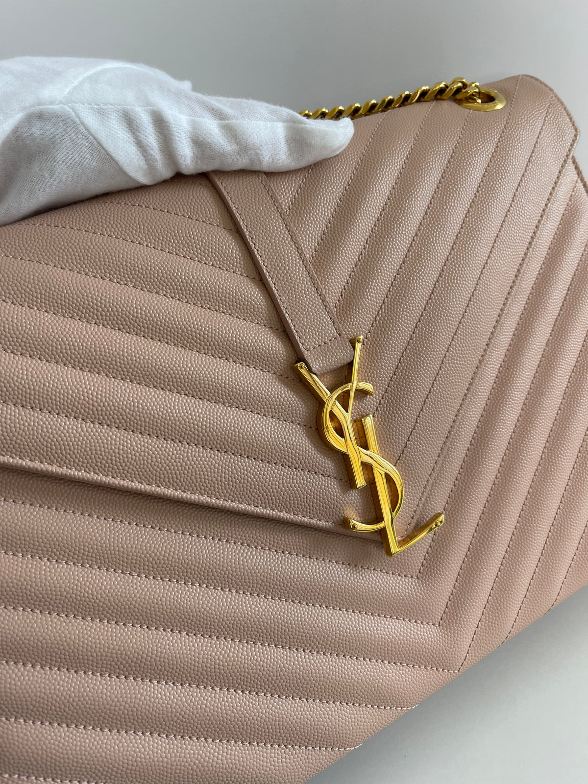 Saint Laurent Large Envelope Beige Grain De Poudre Chain Bag