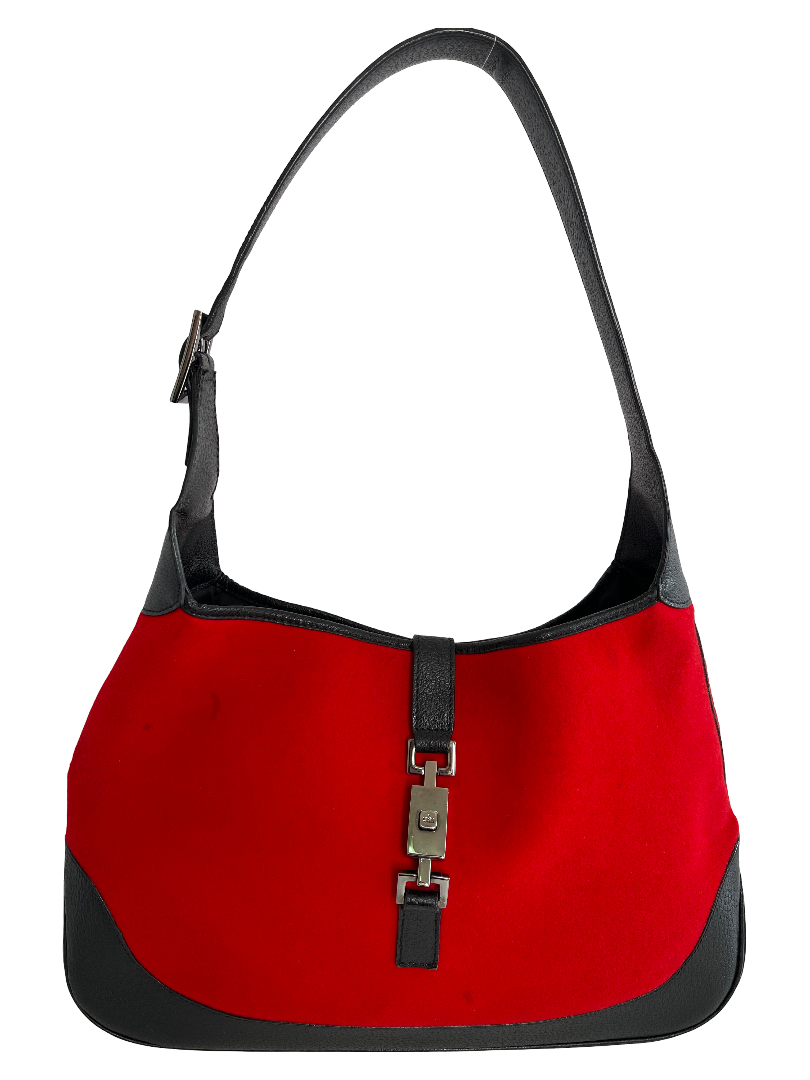 Gucci Red Wool Black Leather Jackie Hobo Bag