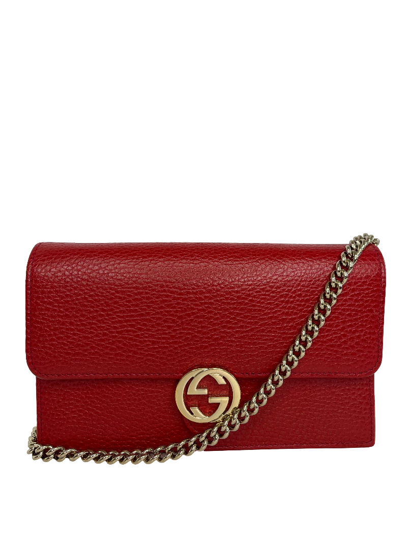 Gucci Red Interlocking G Chain Leather Wallet on Chain