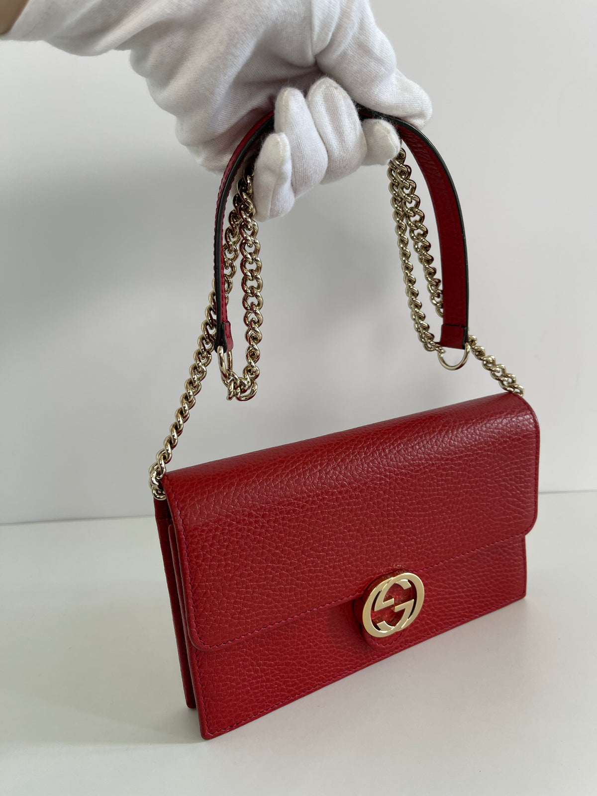 Gucci Red Interlocking G Chain Leather Wallet on Chain