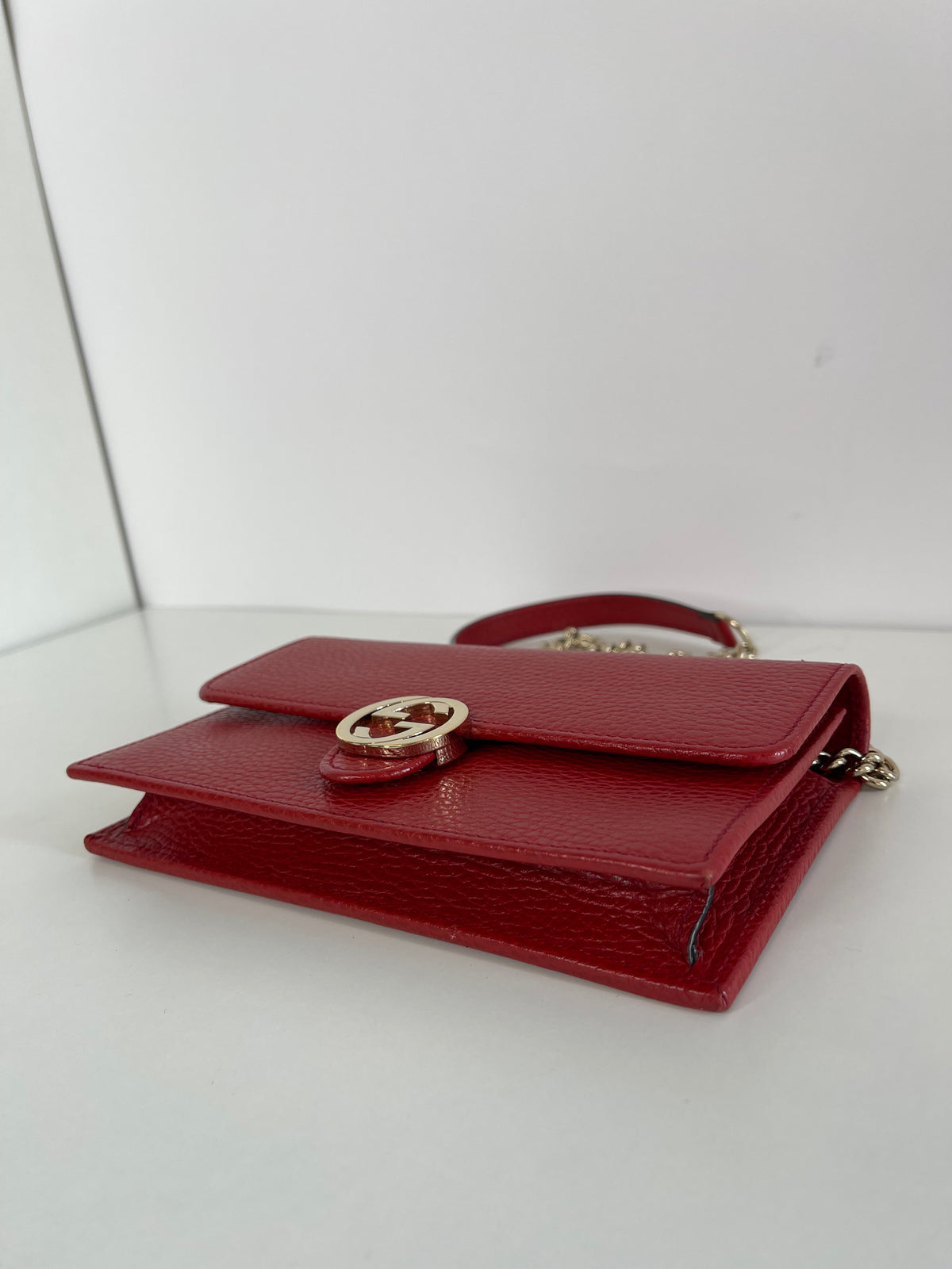 Gucci Red Interlocking G Chain Leather Wallet on Chain