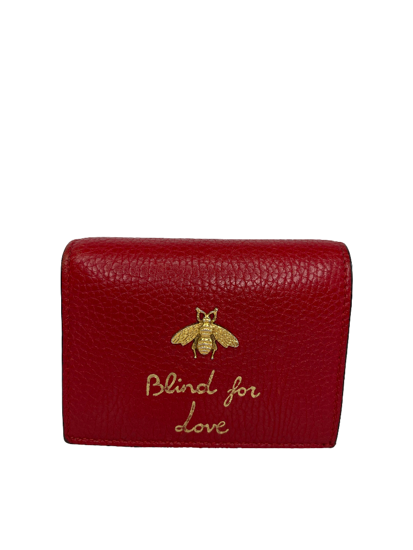 Gucci Red Pebbled Calfskin Animalier Card Case Wallet