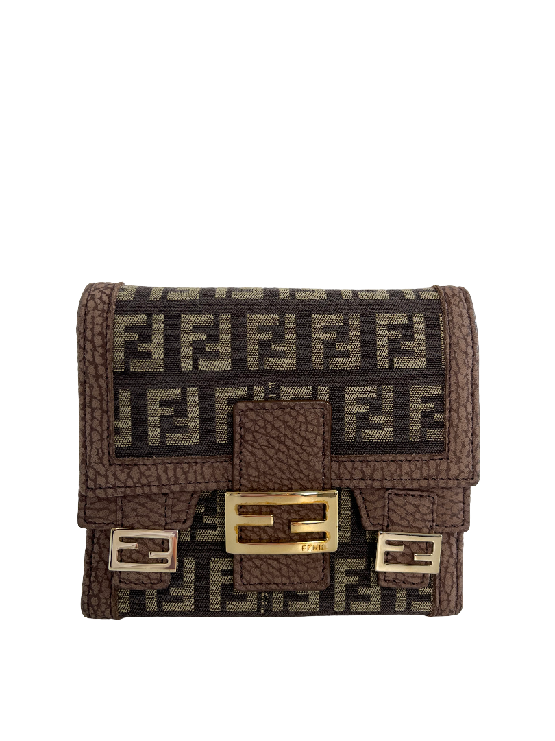 Fendi Zucchino Canvas and Brown Nubuck Leather Bifold Wallet
