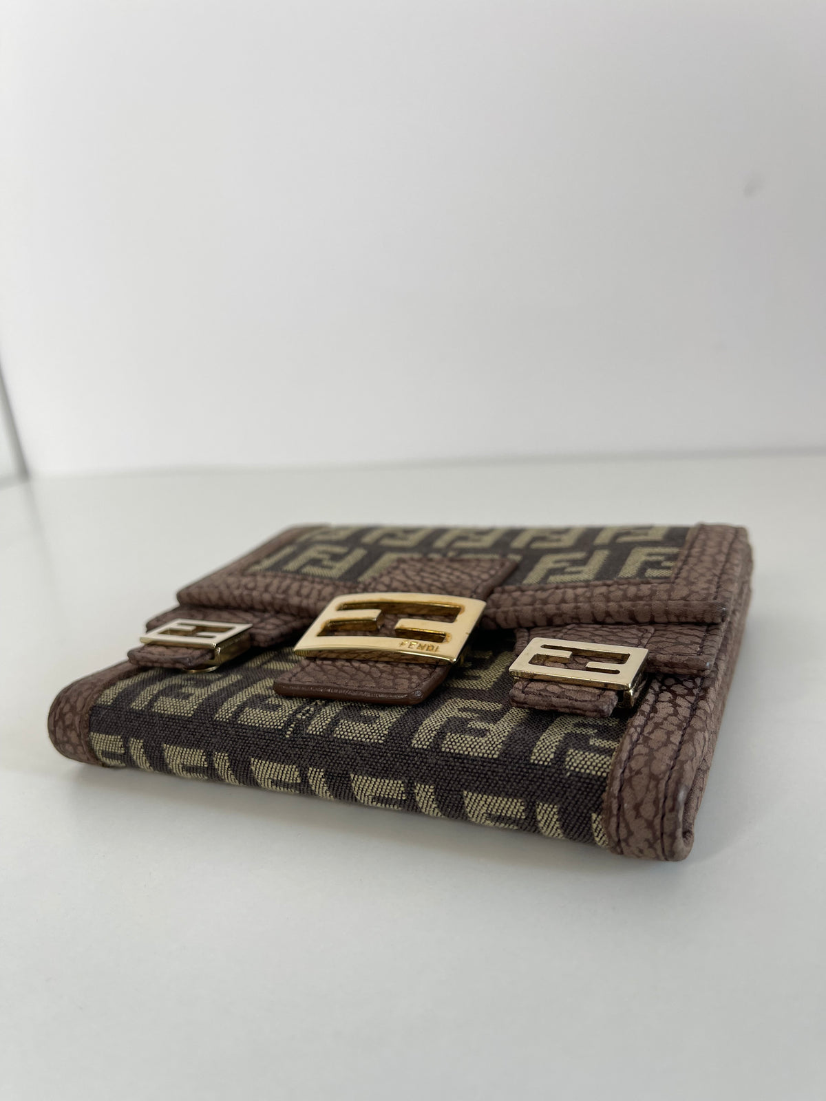 Fendi Zucchino Canvas and Brown Nubuck Leather Bifold Wallet