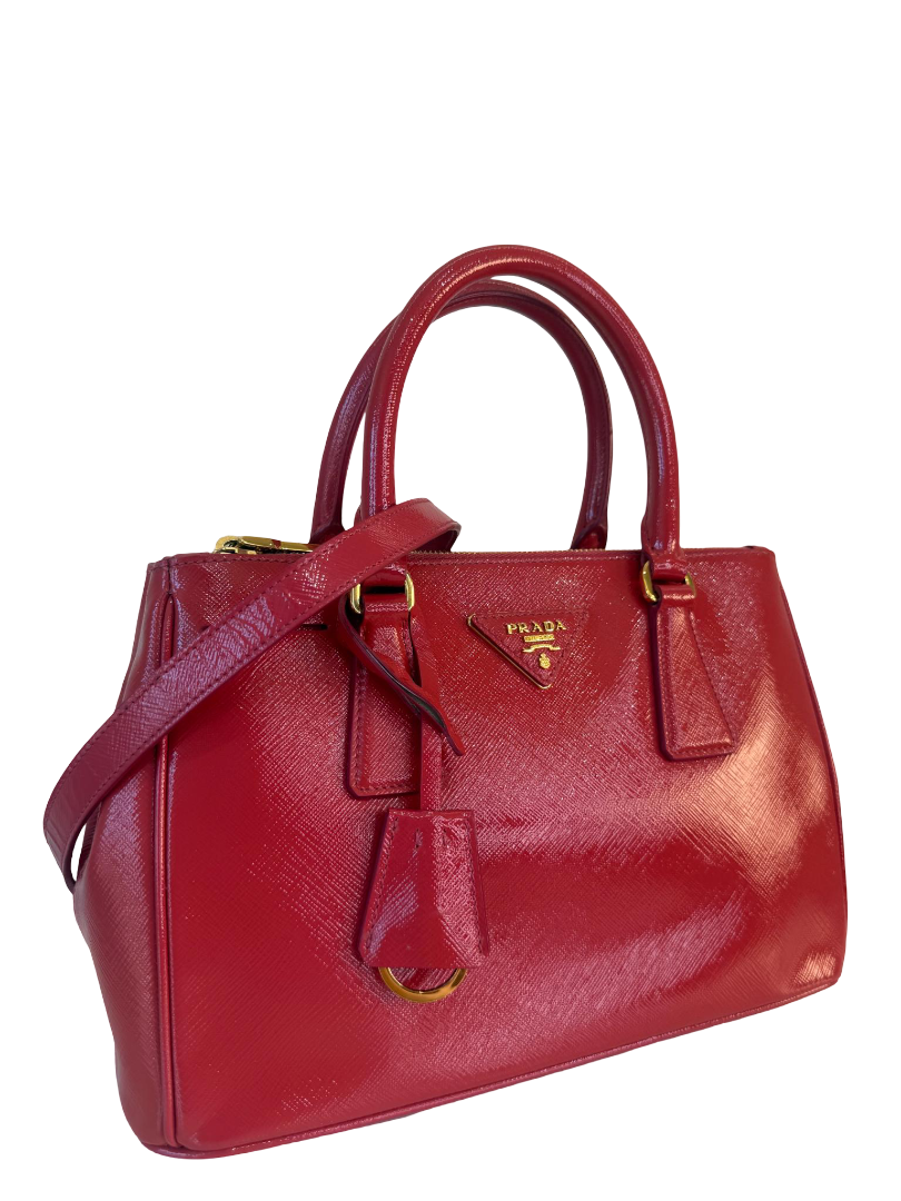 Prada Mini Galleria Saffiano Vernice Peonia Double Zip Tote