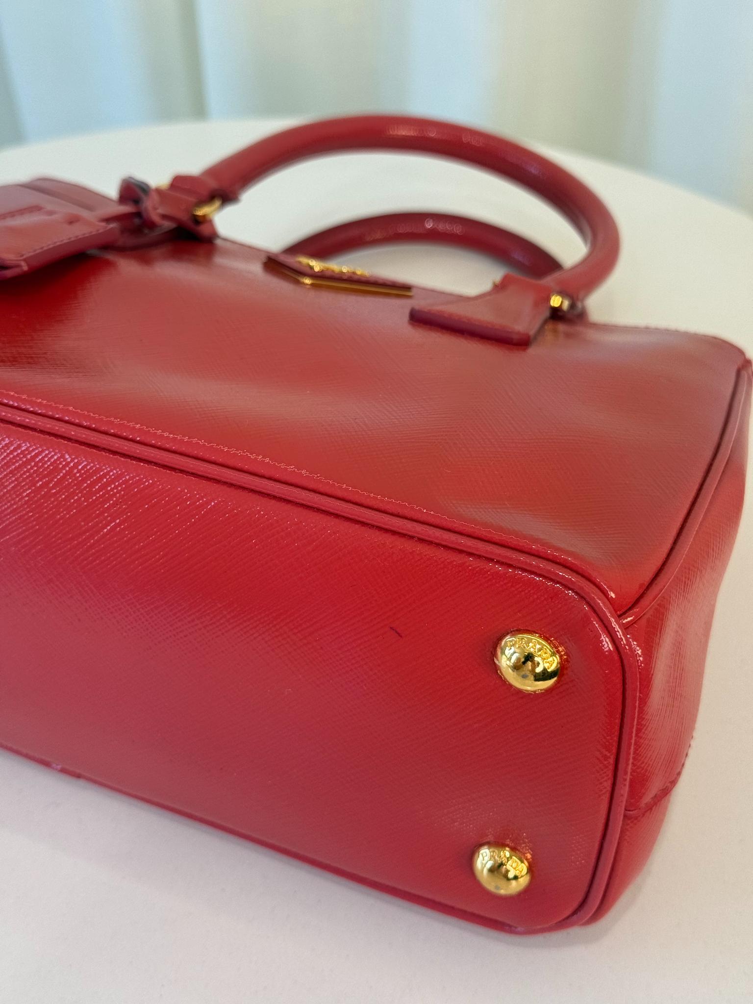 Prada Mini Galleria Saffiano Vernice Peonia Double Zip Tote
