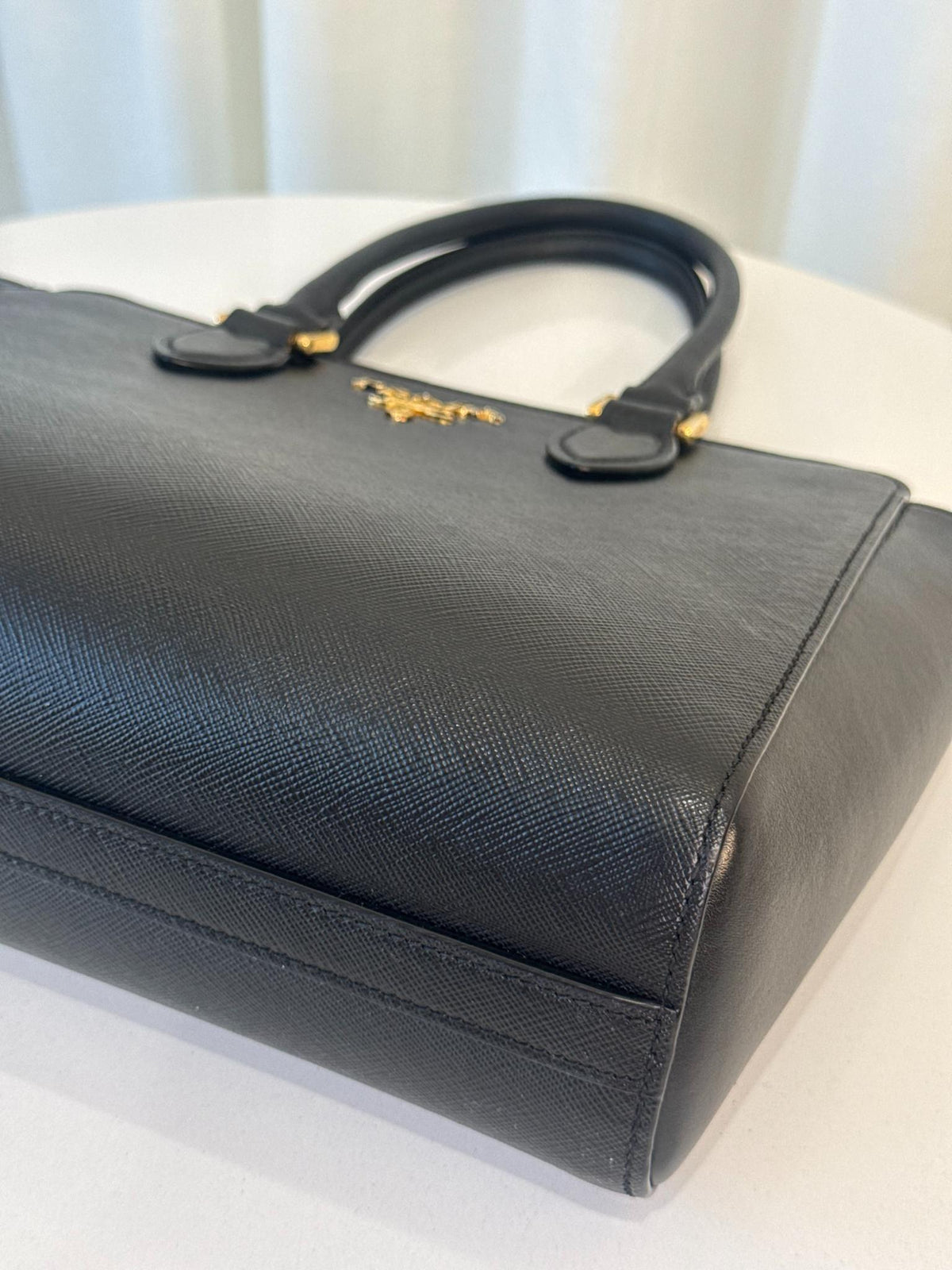 Prada Black Saffiano and Soft Calfskin Leather Small Top Handle Bag