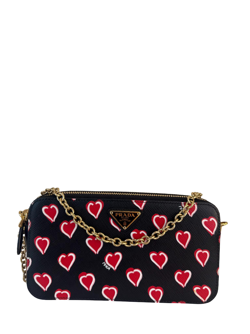 Prada Saffiano Heart Print Mini Double Zip Chain Crossbody Bag