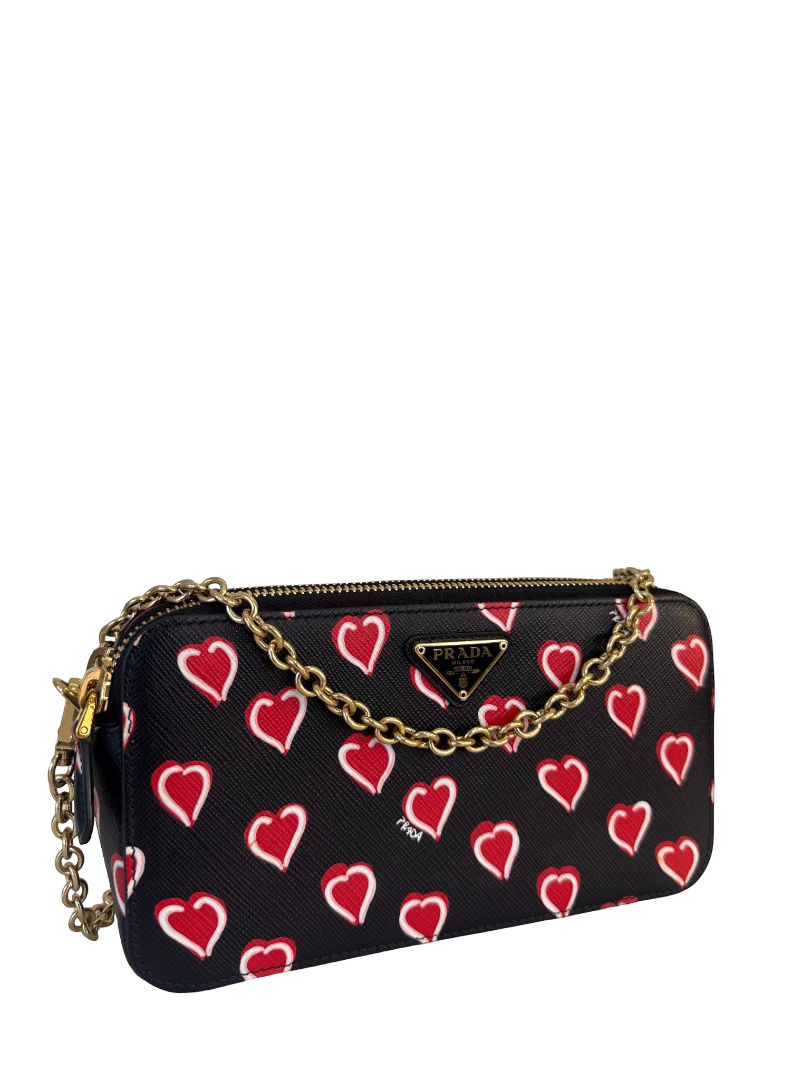Prada Saffiano Heart Print Mini Double Zip Chain Crossbody Bag