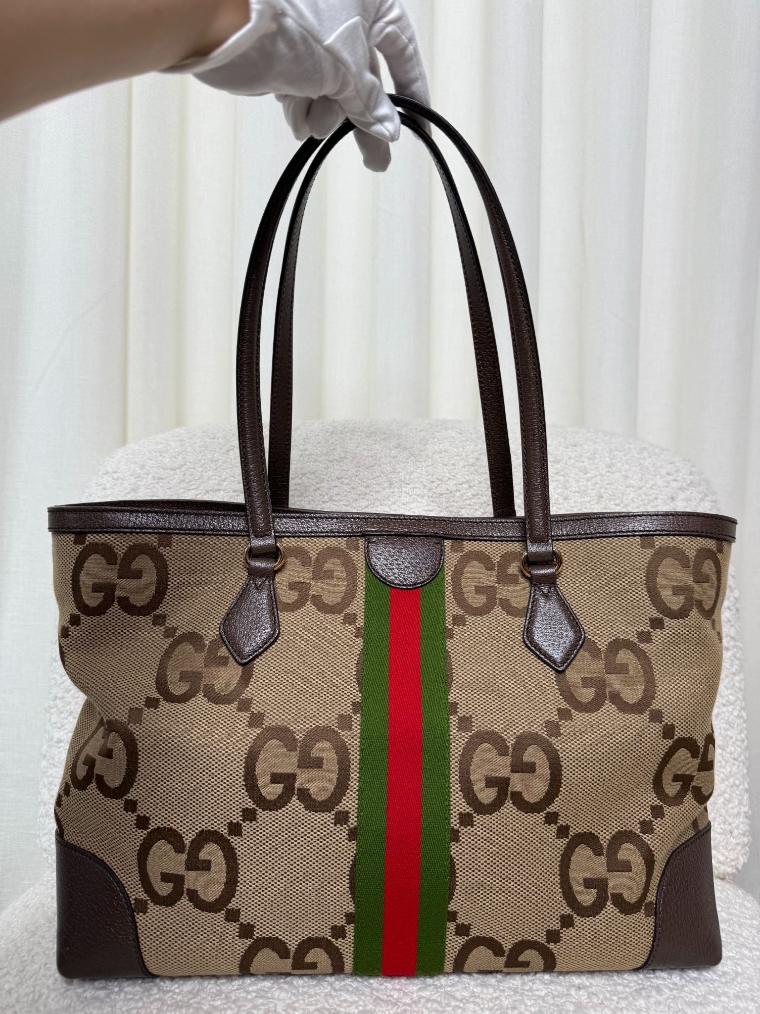 Gucci Beige/Ebony GG Jumbo Canvas Vintage Web Ophidia Medium Tote Bag