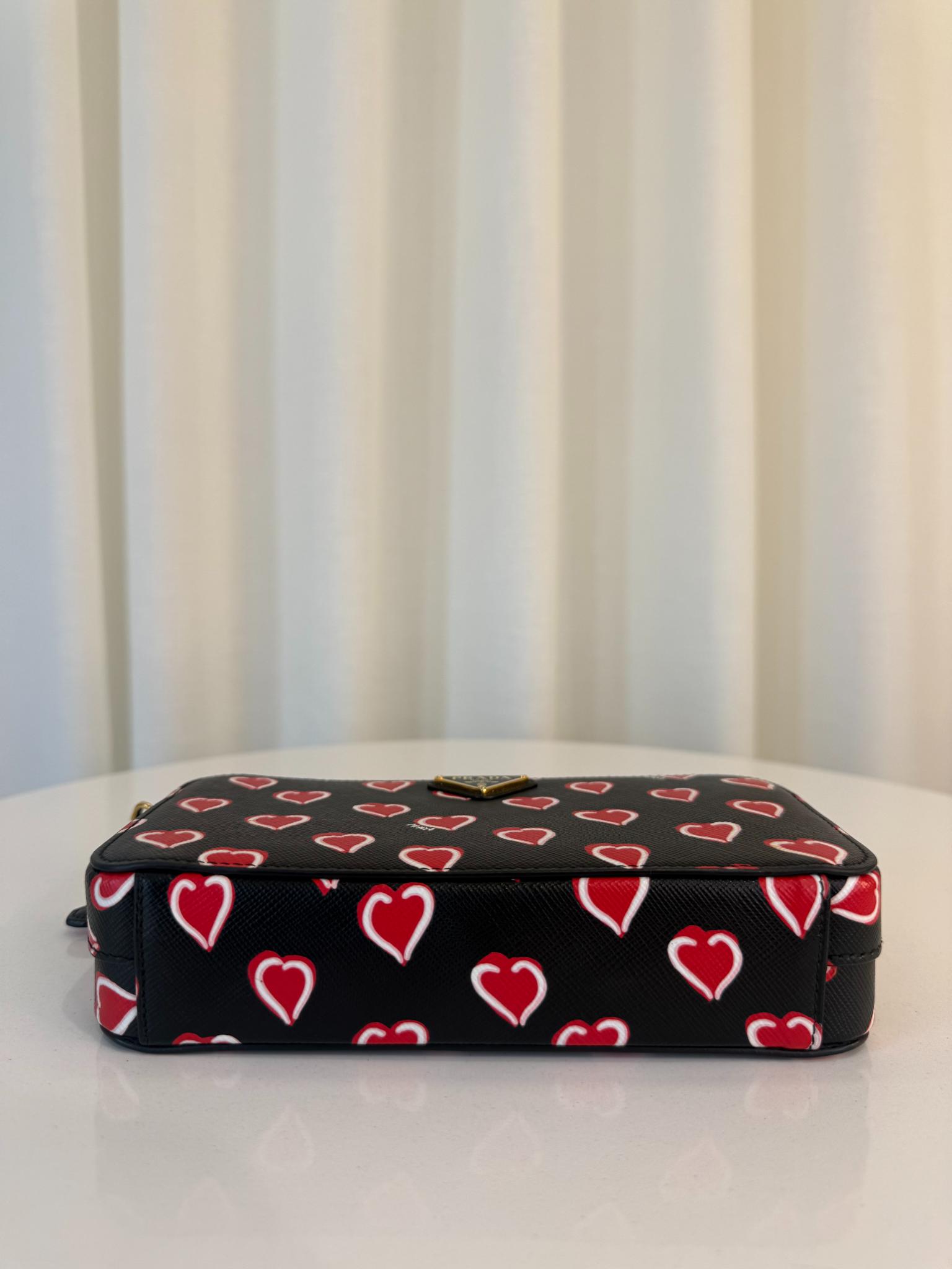 Prada Saffiano Heart Print Mini Double Zip Chain Crossbody Bag
