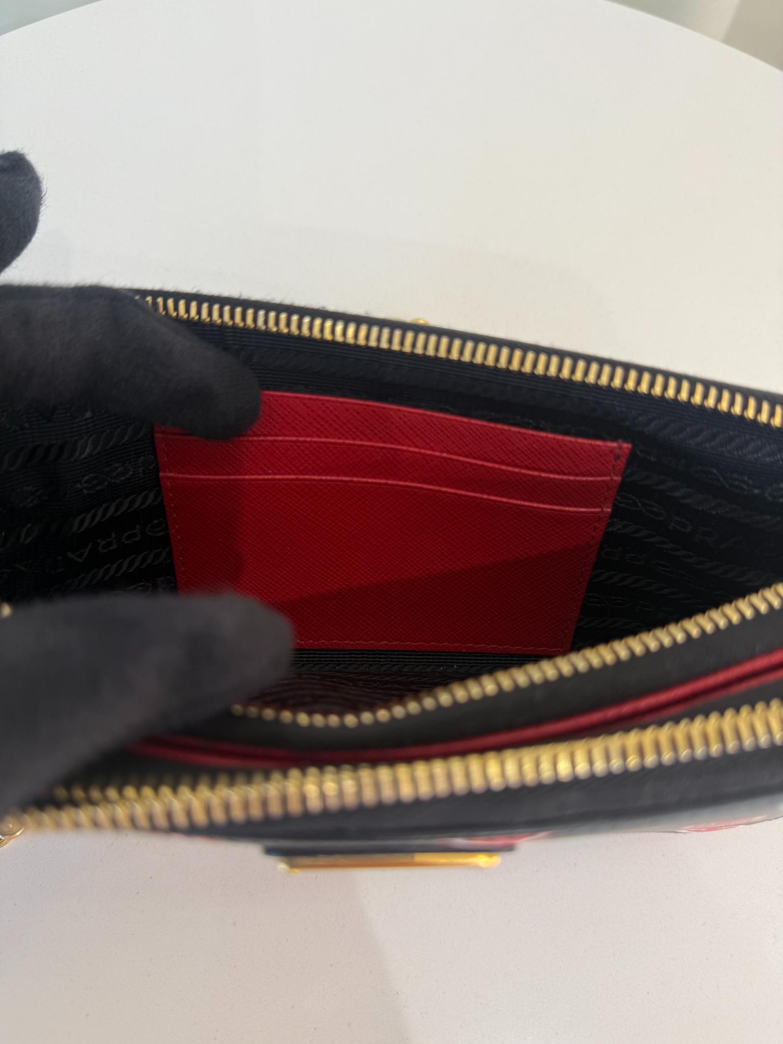 Prada Saffiano Heart Print Mini Double Zip Chain Crossbody Bag