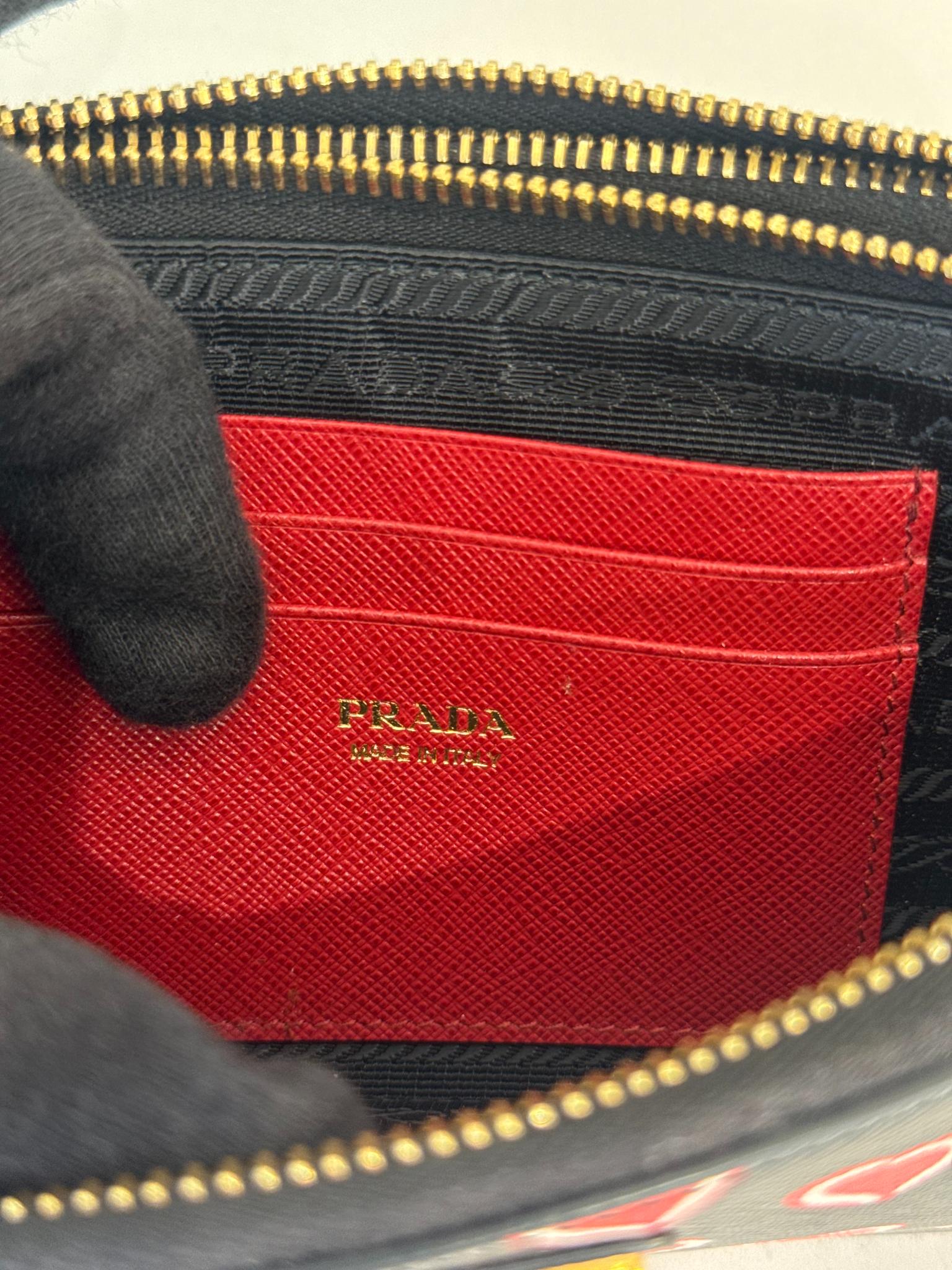 Prada Saffiano Heart Print Mini Double Zip Chain Crossbody Bag
