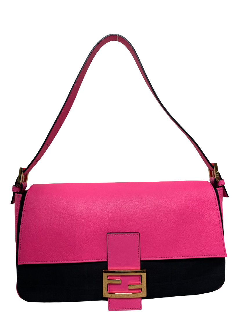 Fendi Pink Leather and Black Fabric Baguette Bag
