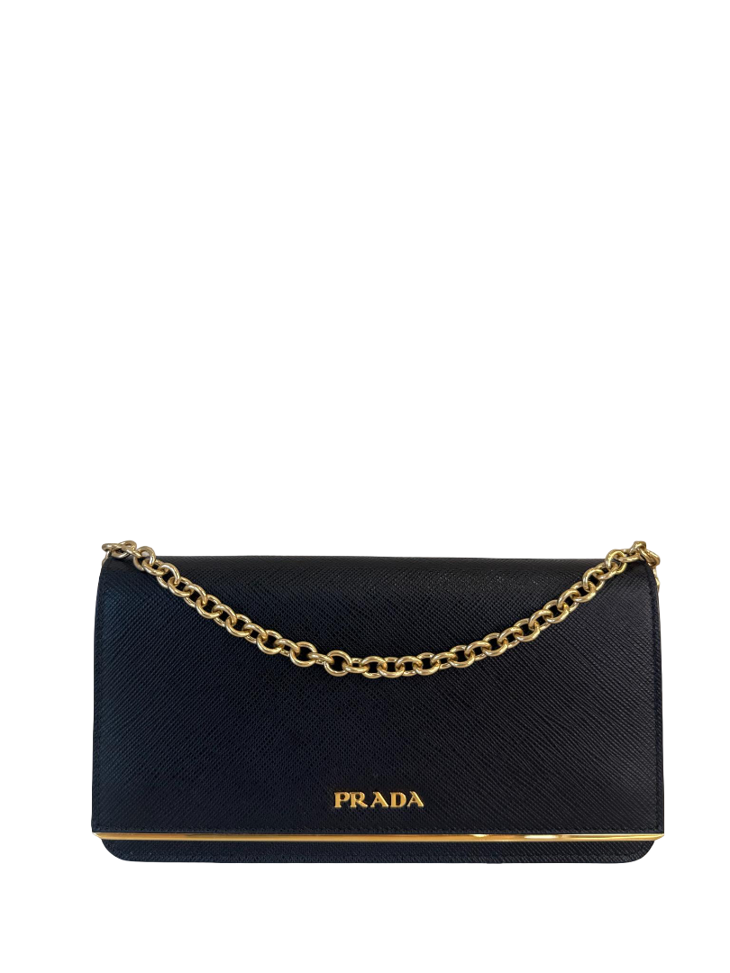 Prada Black Saffiano Leather Metal Bar Wallet on Chain