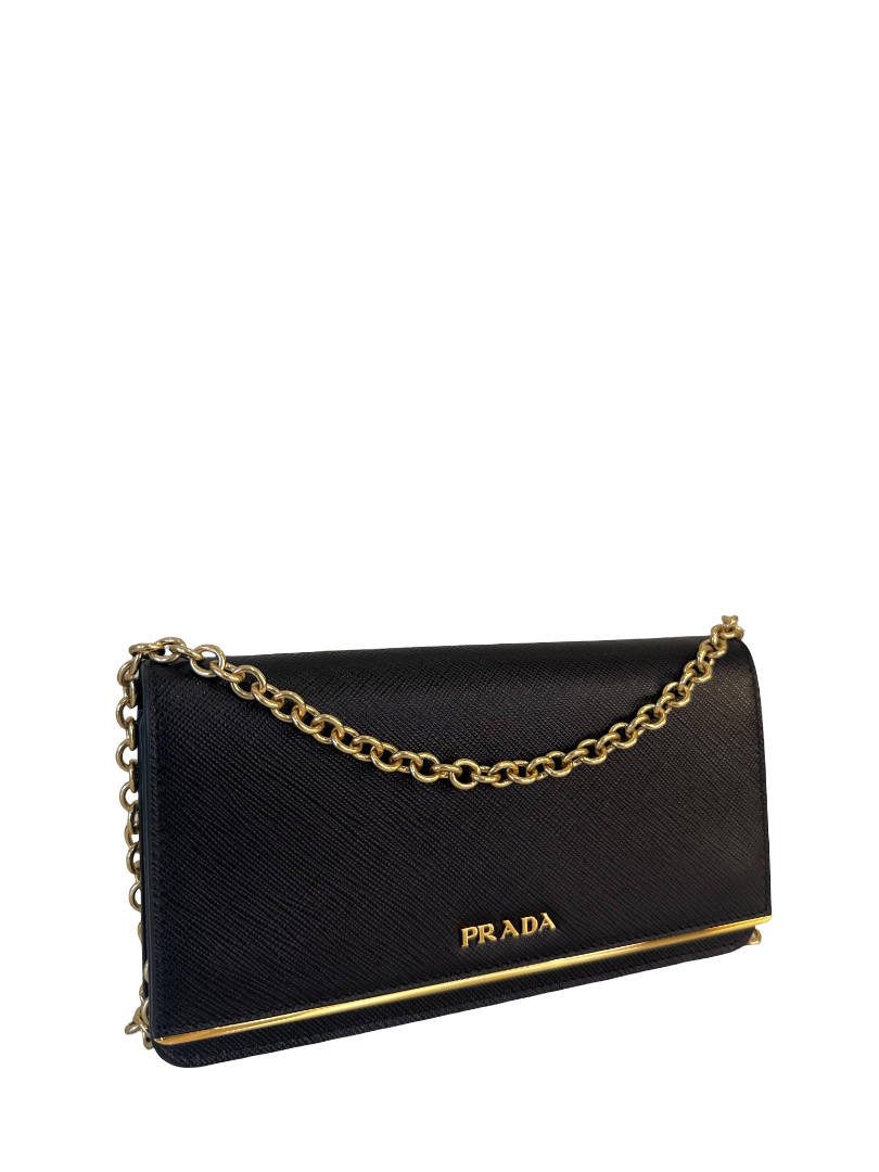 Prada Black Saffiano Leather Metal Bar Wallet on Chain