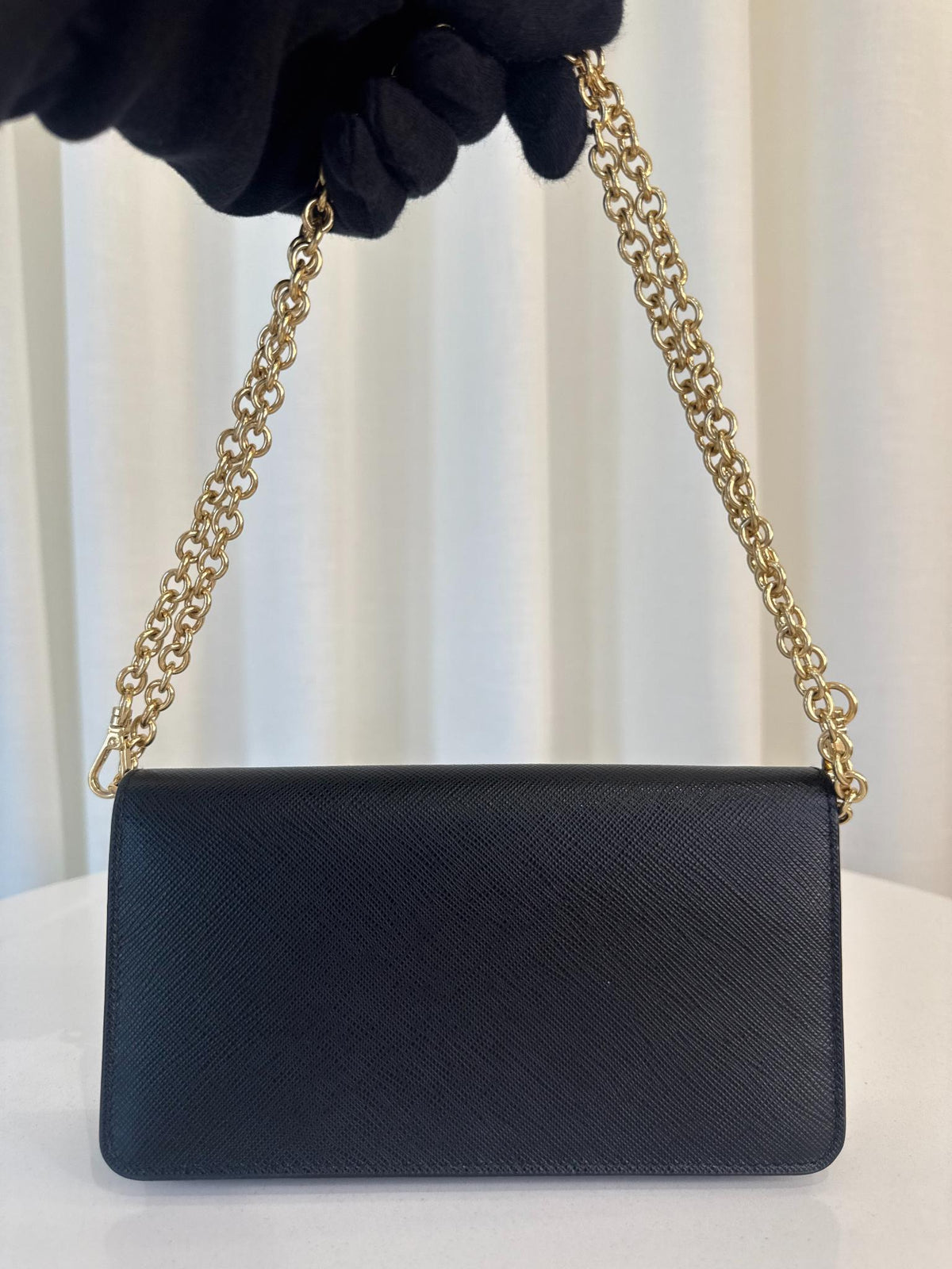 Prada Black Saffiano Leather Metal Bar Wallet on Chain