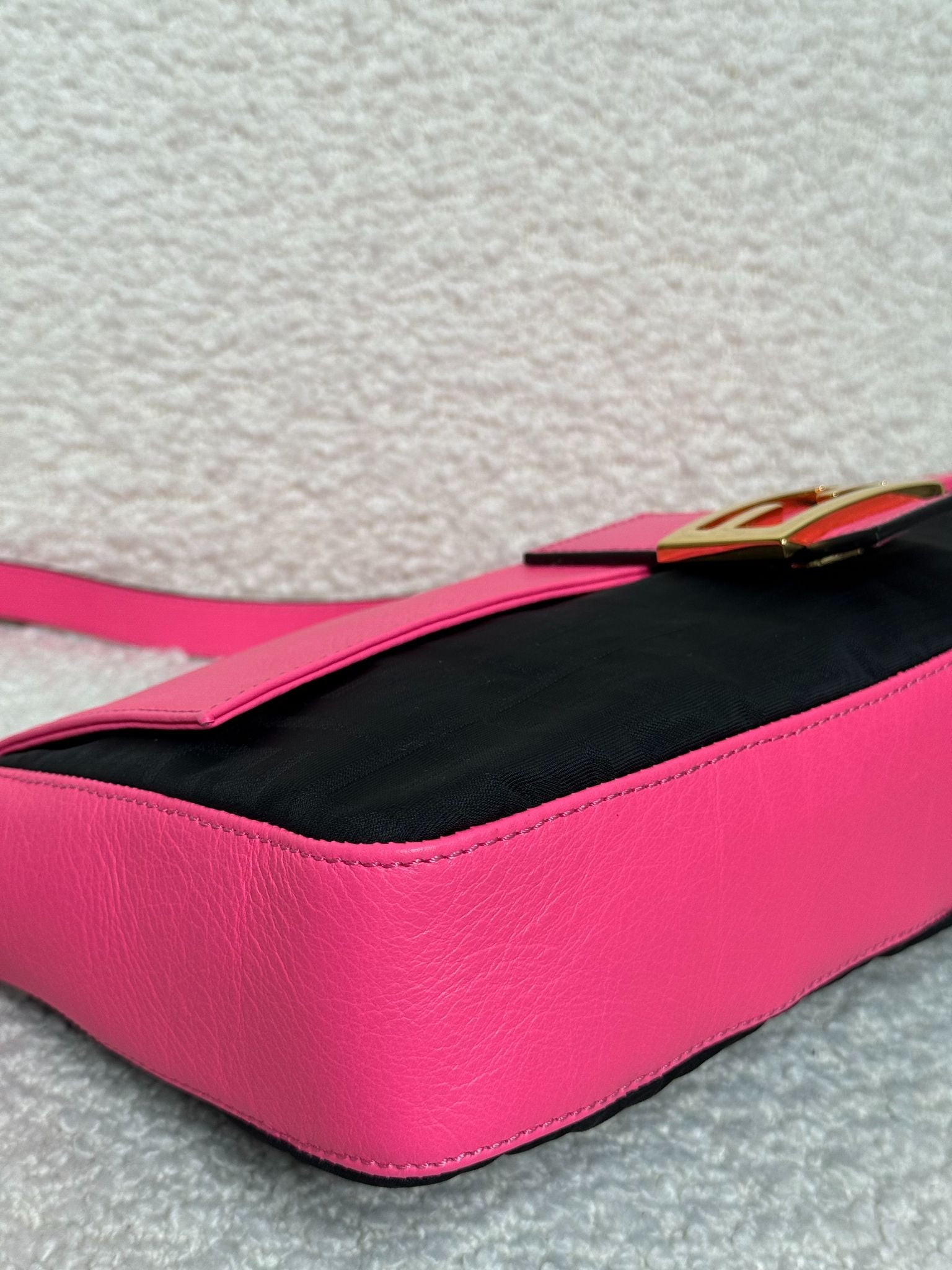 Fendi Pink Leather and Black Fabric Baguette Bag