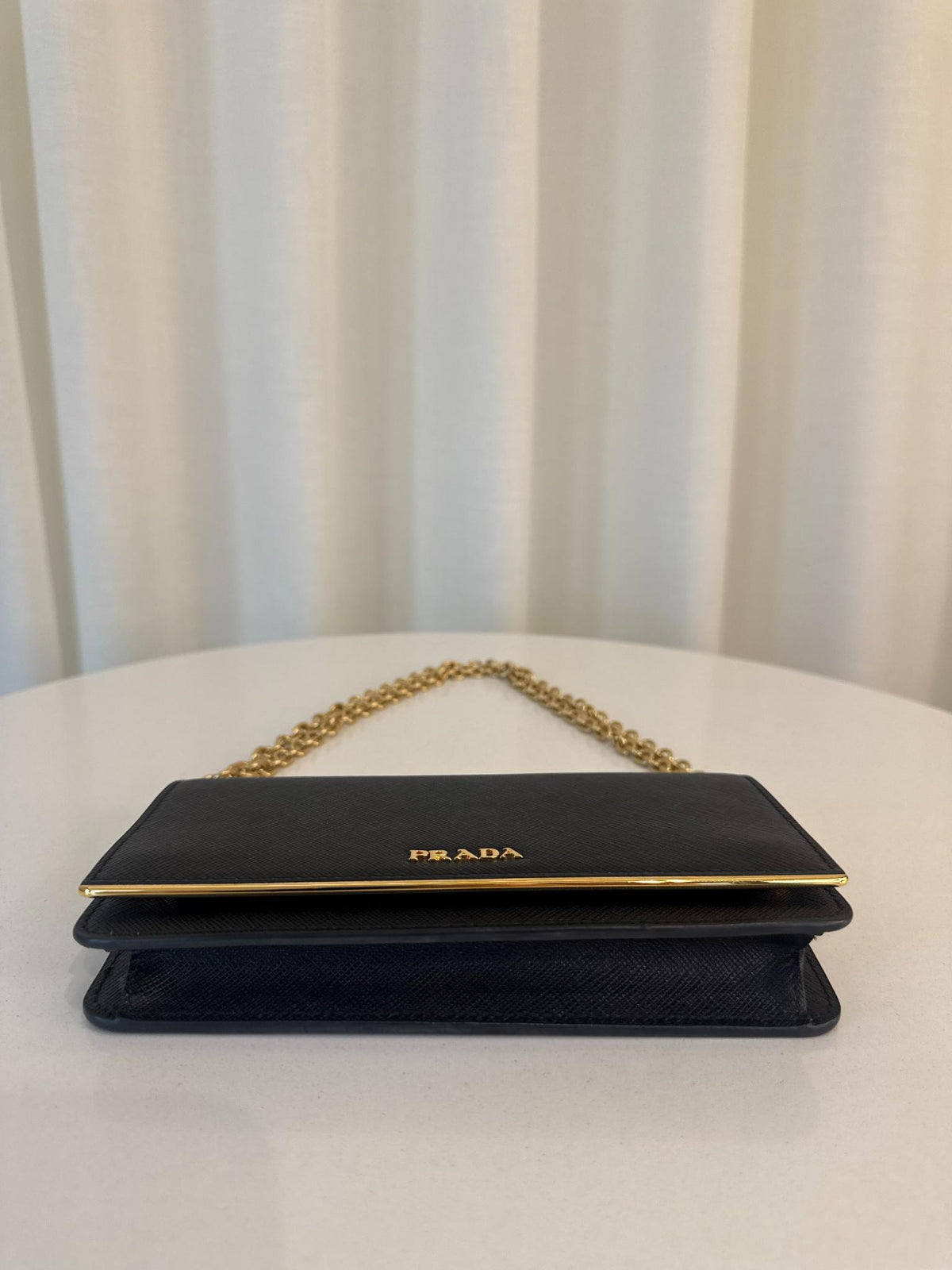 Prada Black Saffiano Leather Metal Bar Wallet on Chain