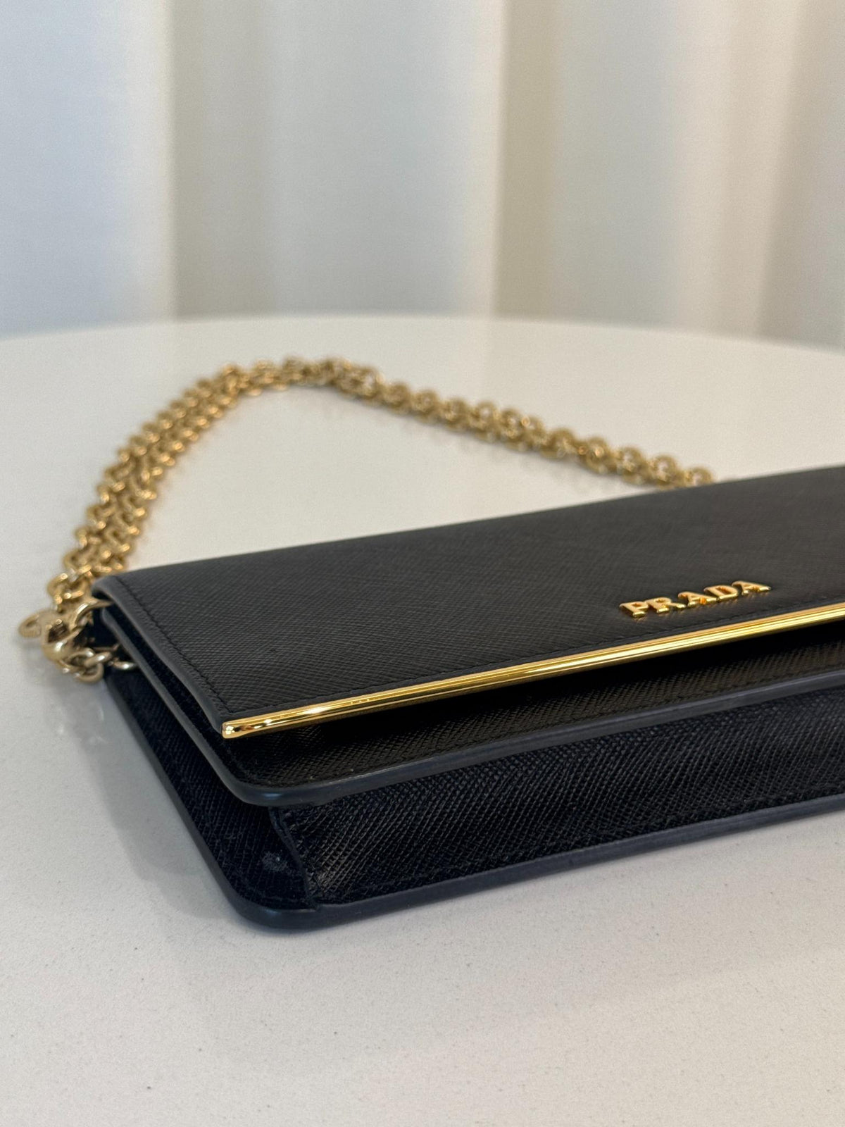 Prada Black Saffiano Leather Metal Bar Wallet on Chain