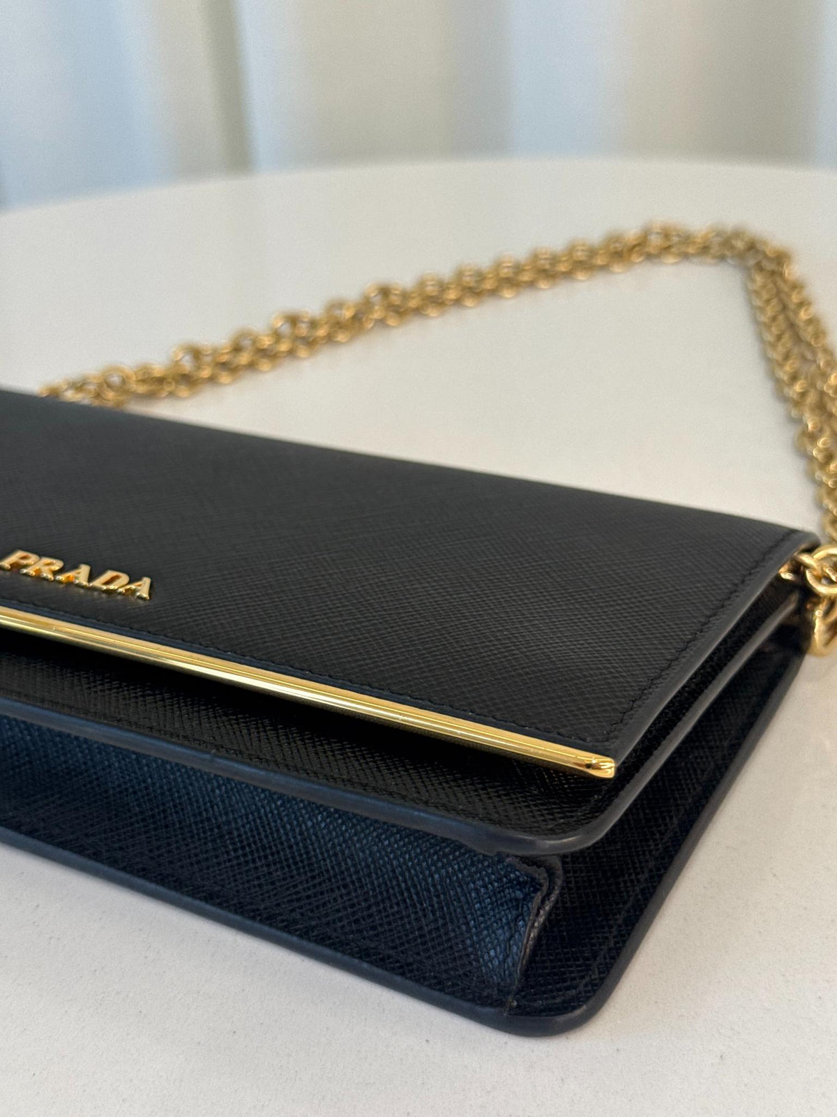 Prada Black Saffiano Leather Metal Bar Wallet on Chain