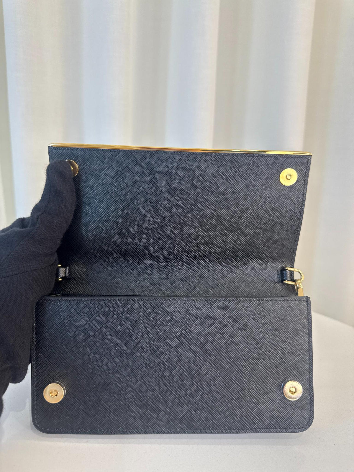 Prada Black Saffiano Leather Metal Bar Wallet on Chain