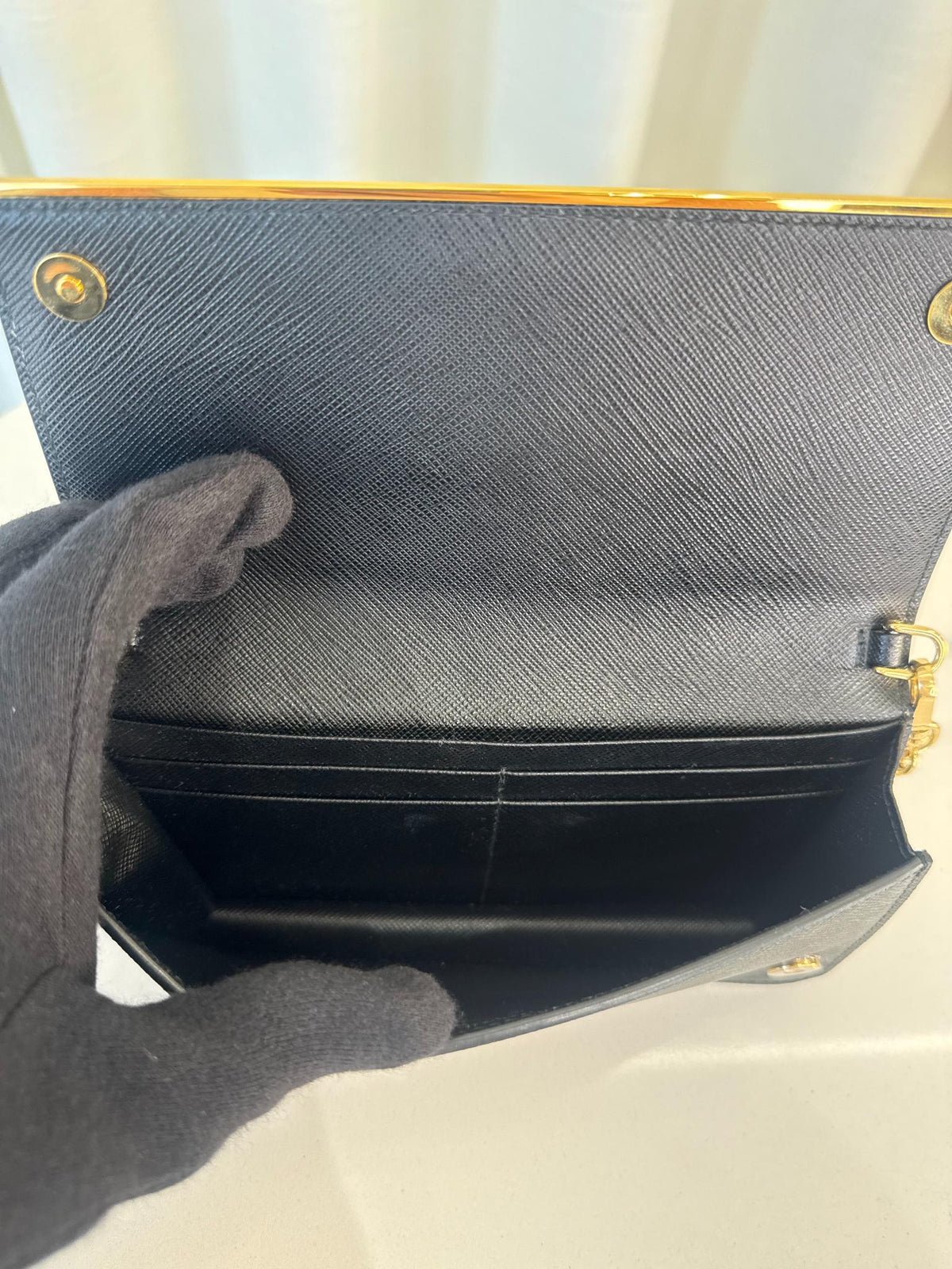 Prada Black Saffiano Leather Metal Bar Wallet on Chain