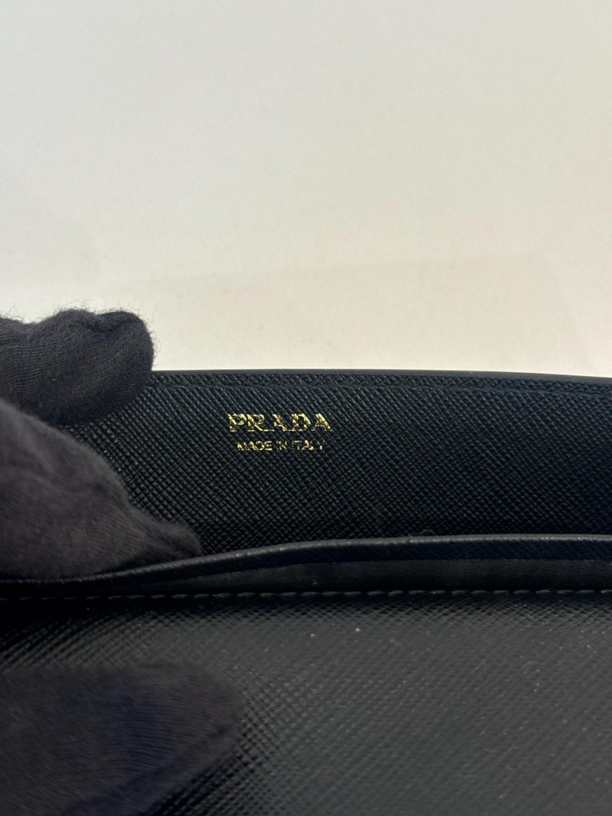Prada Black Saffiano Leather Metal Bar Wallet on Chain