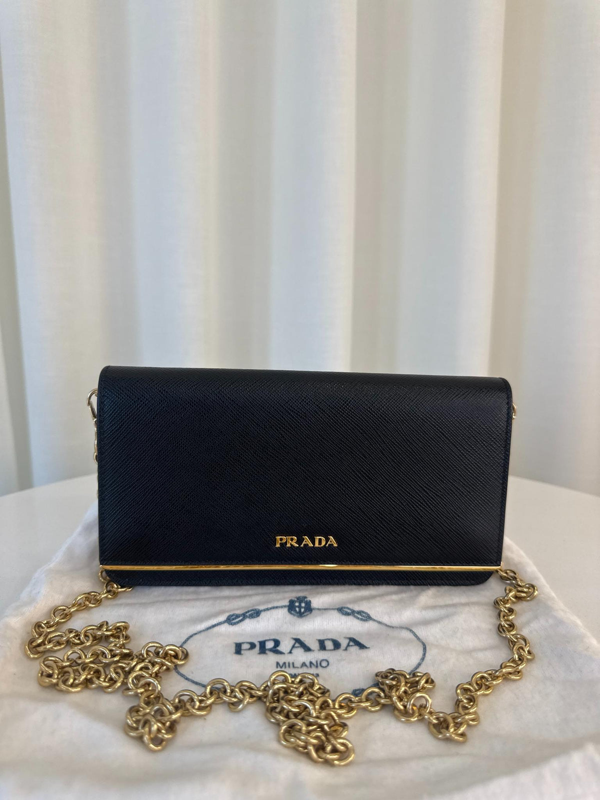 Prada Black Saffiano Leather Metal Bar Wallet on Chain