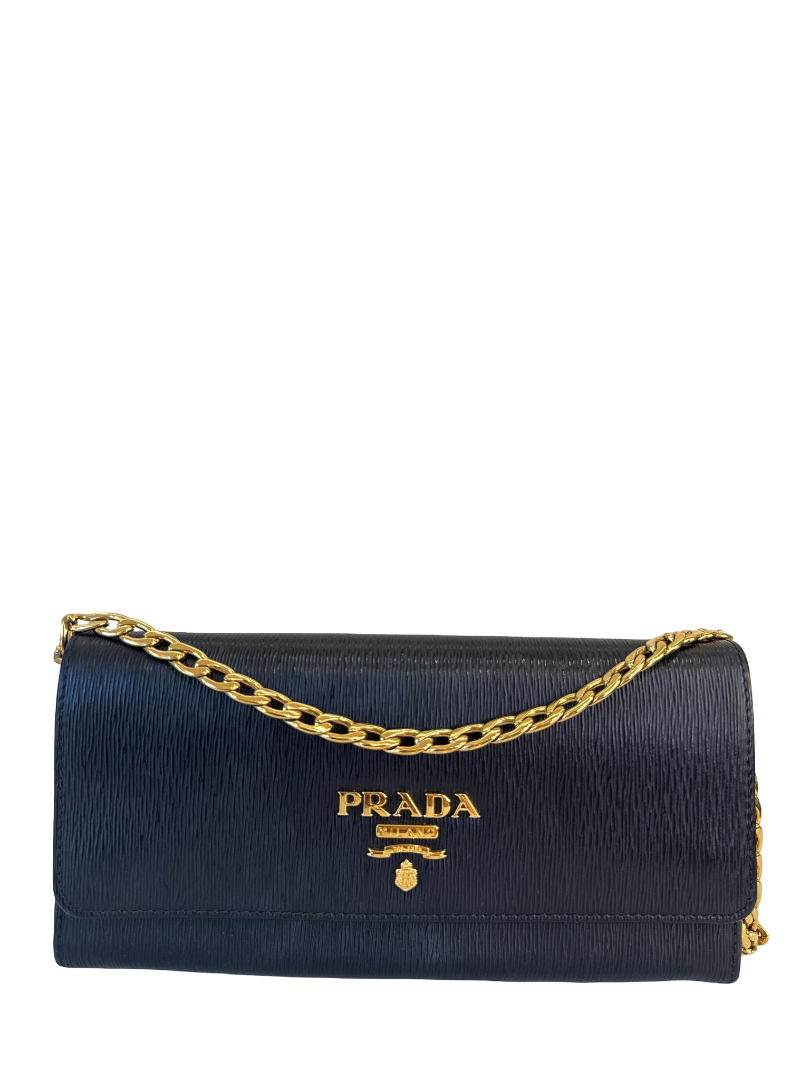 Prada Black Vitello Move Leather Continental Wallet on Chain