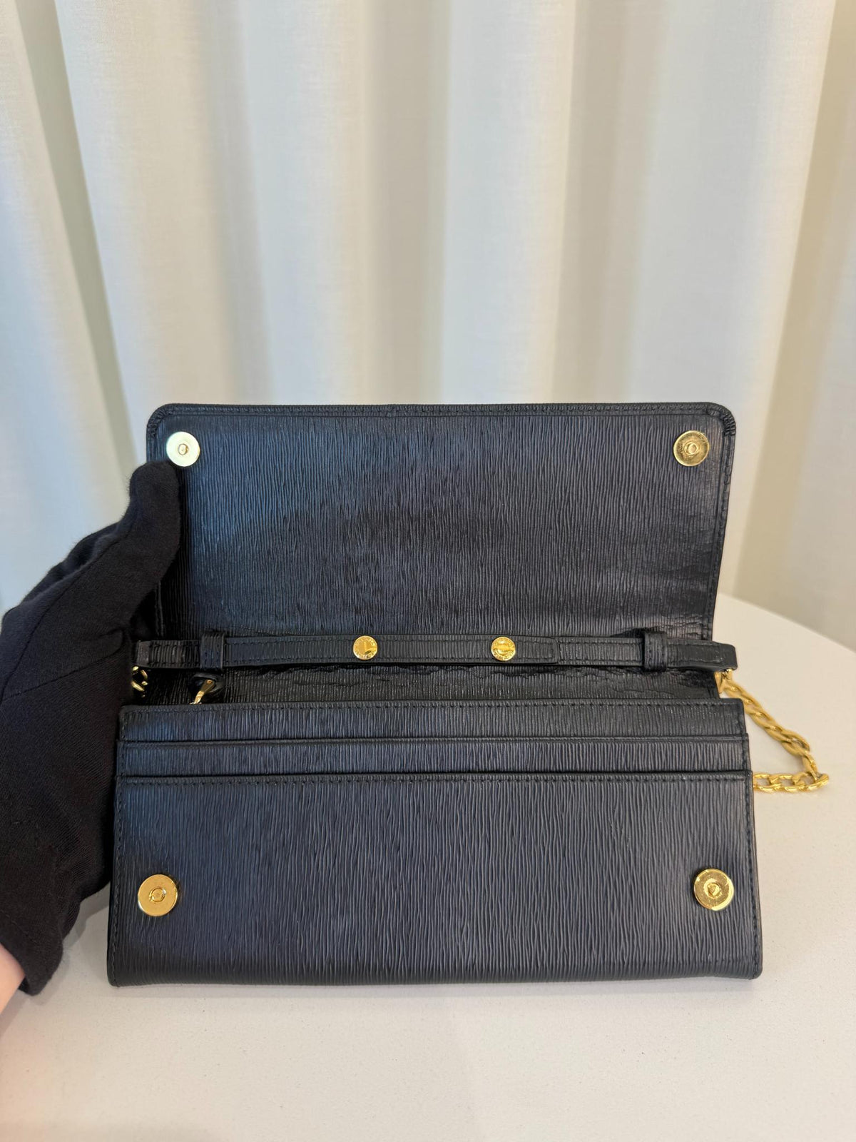 Prada Black Vitello Move Leather Continental Wallet on Chain