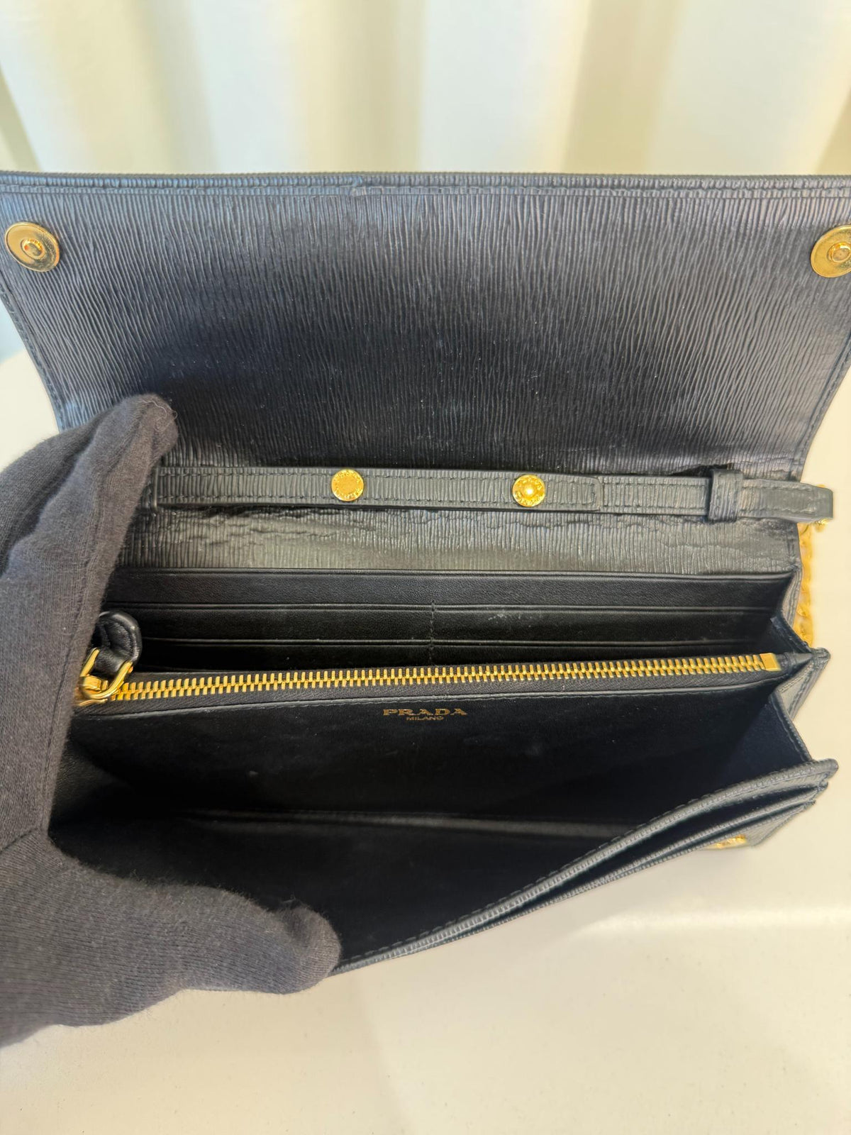 Prada Black Vitello Move Leather Continental Wallet on Chain