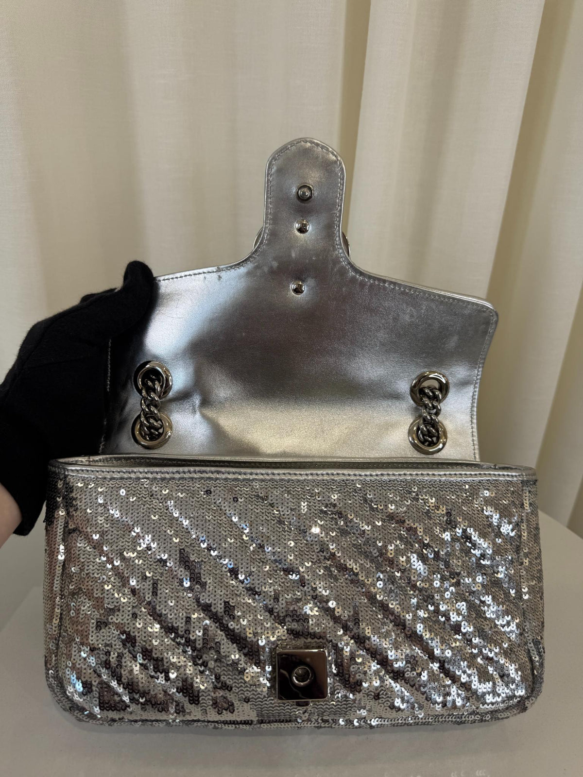 Gucci GG Marmont Sequin Matelassé Silver Shoulder Bag