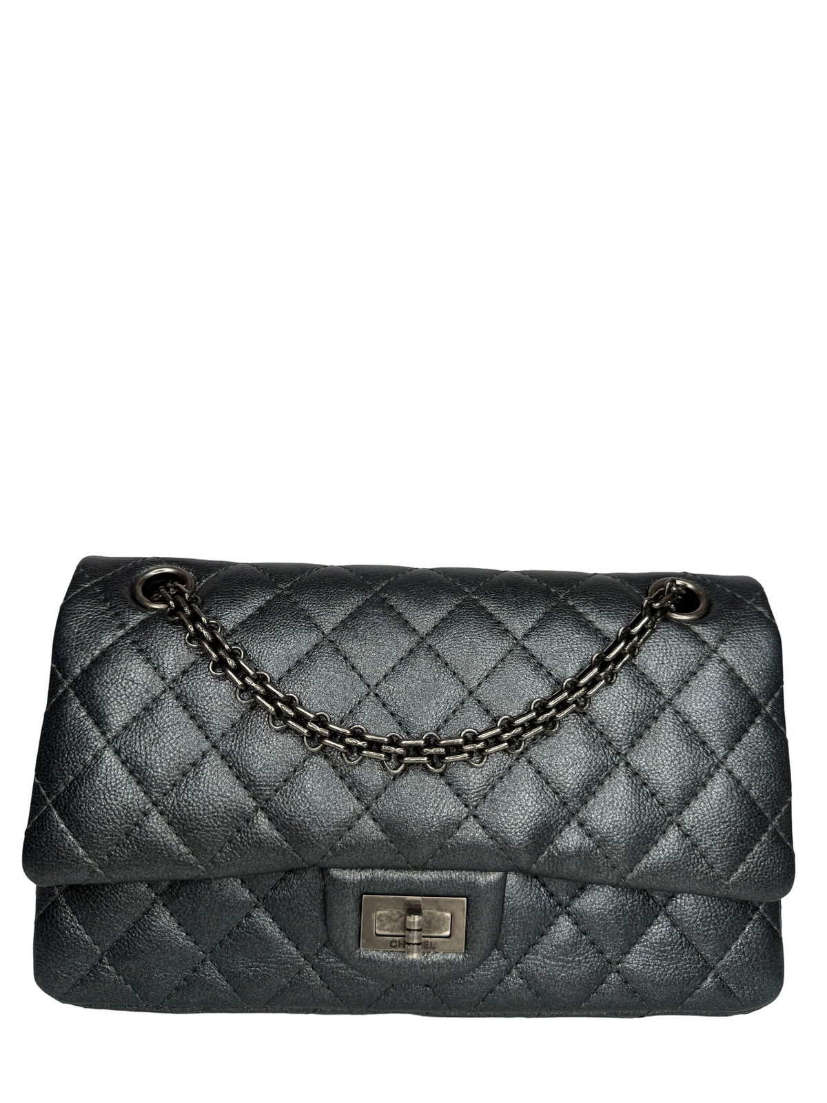 Chanel 2.55 Grey Metallic Charcoal Quilted Calfskin 225 Double Flap Bag