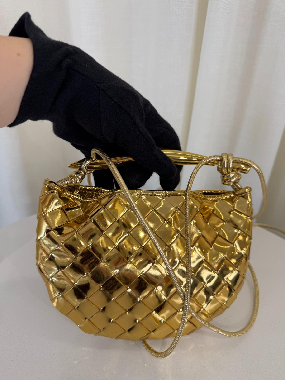 Bottega Veneta Mirror Laminated Nappa Intrecciato Mini Sardine Bag Gold