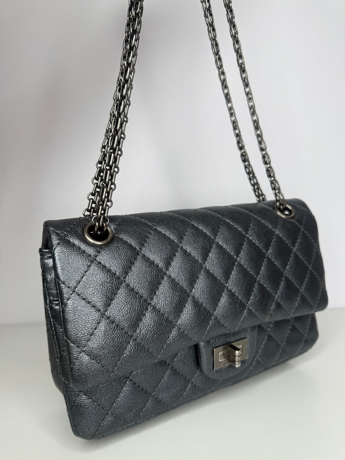 Chanel 2.55 Grey Metallic Charcoal Quilted Calfskin 225 Double Flap Bag
