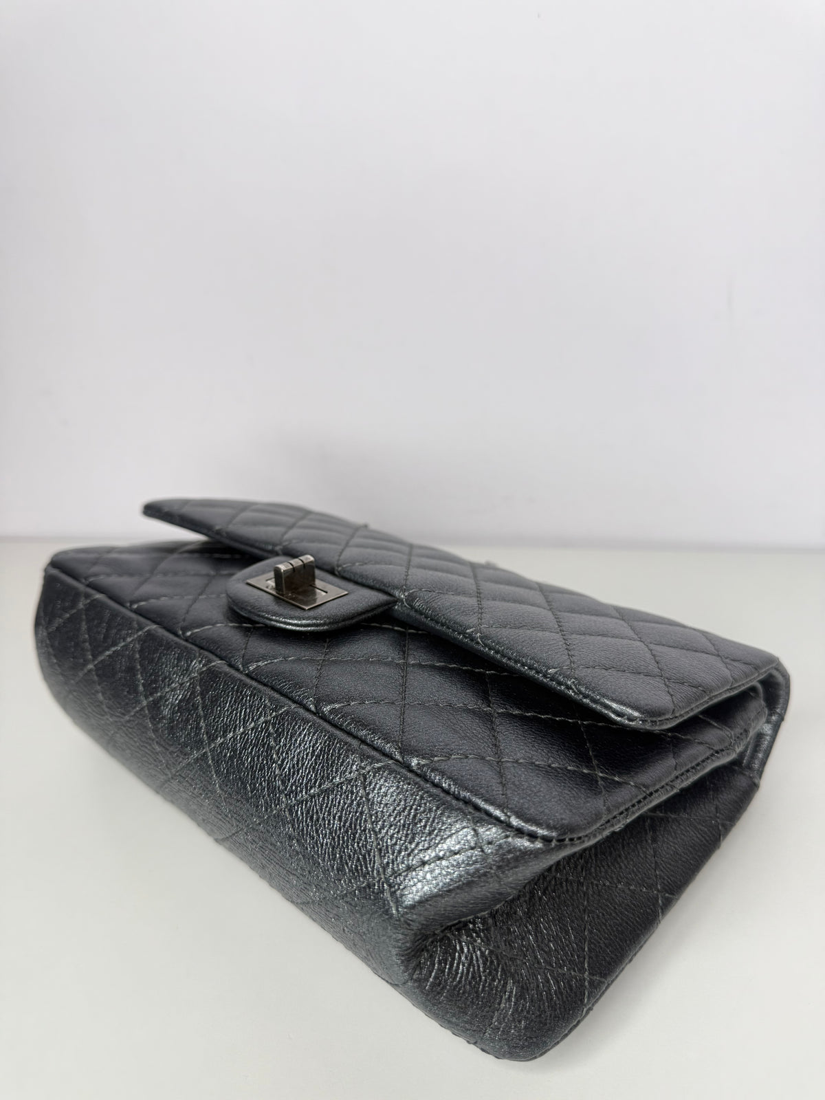 Chanel 2.55 Grey Metallic Charcoal Quilted Calfskin 225 Double Flap Bag