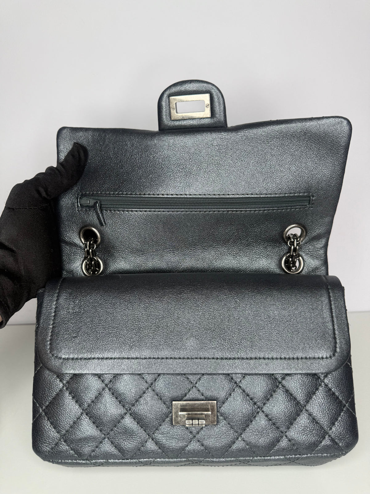 Chanel 2.55 Grey Metallic Charcoal Quilted Calfskin 225 Double Flap Bag