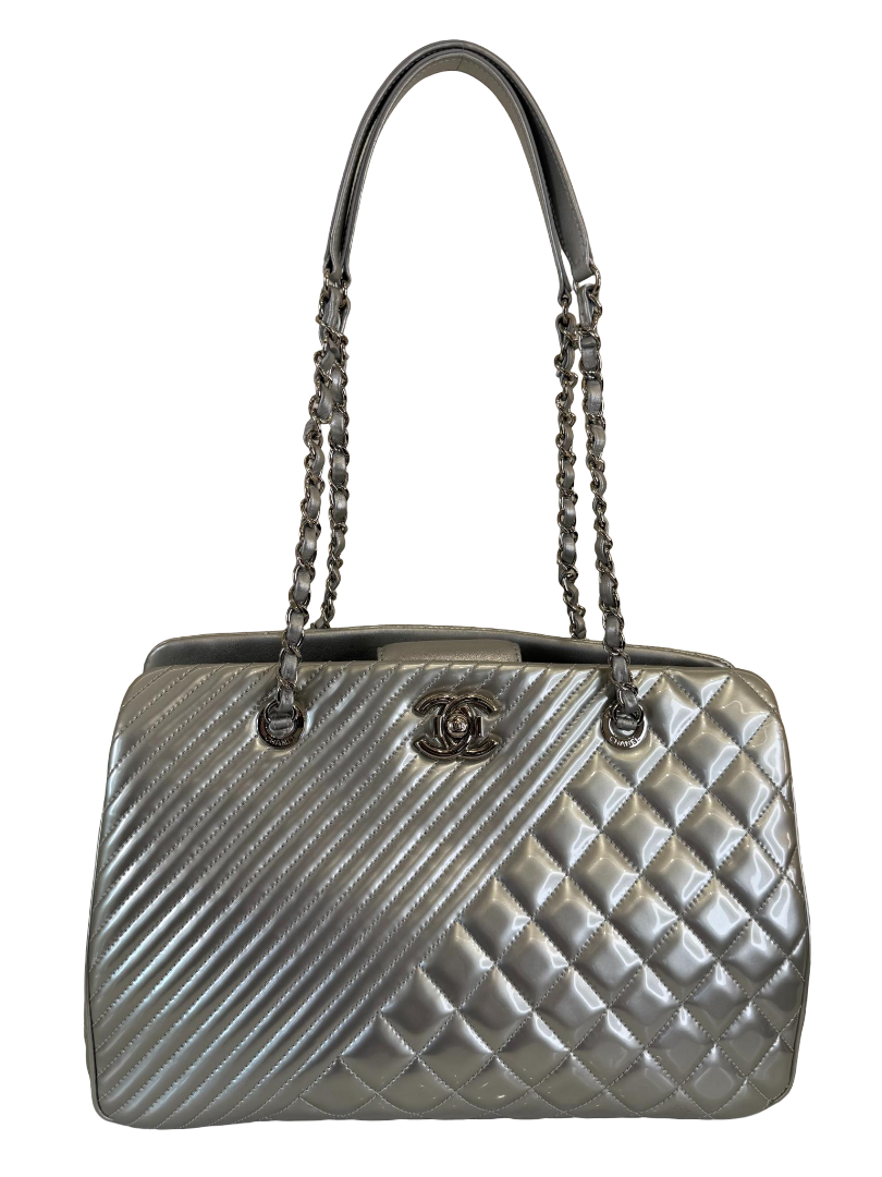 Chanel Chevron/Quilted Metallic Silver Patent Leather Shopping Tote