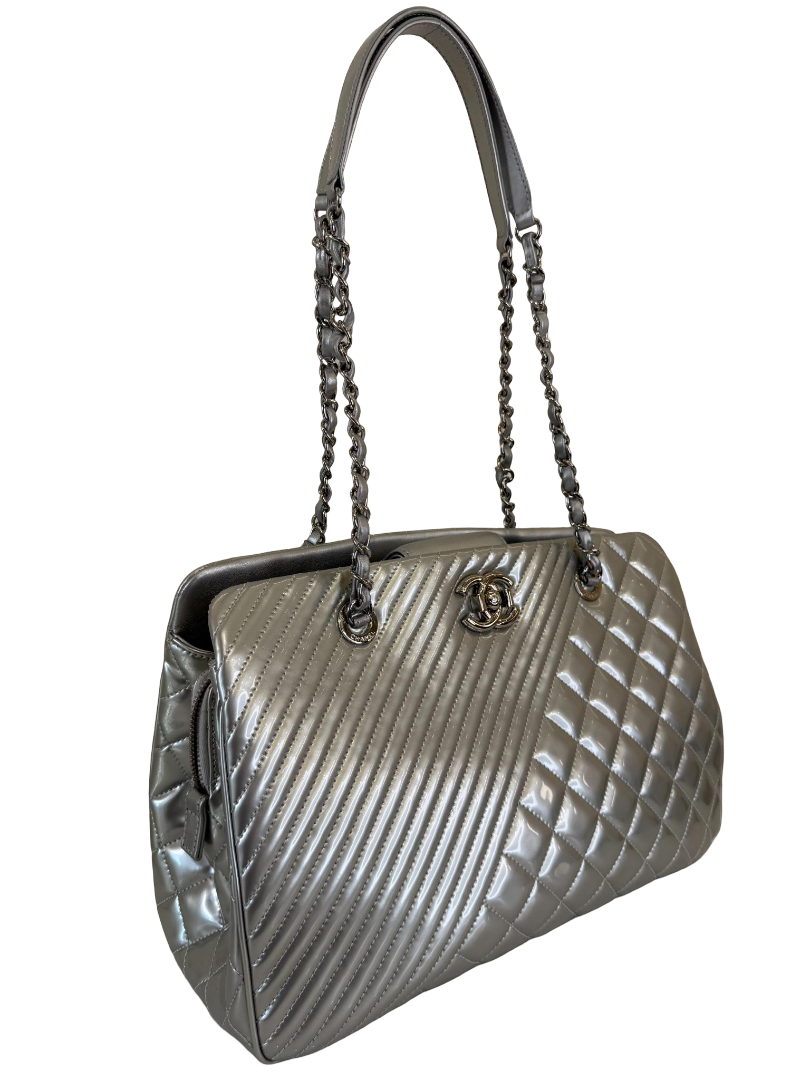 Chanel Chevron/Quilted Metallic Silver Patent Leather Shopping Tote