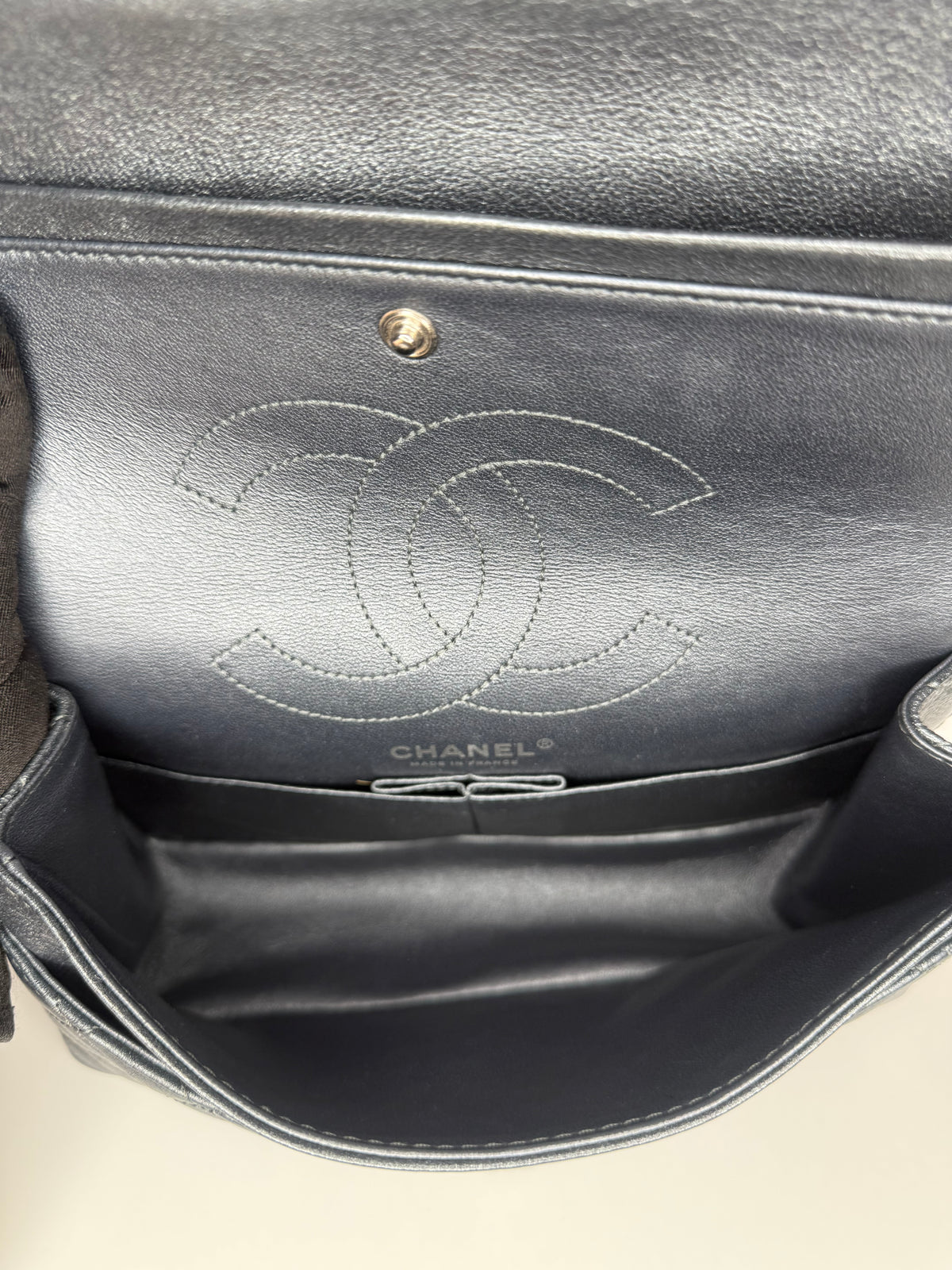 Chanel 2.55 Grey Metallic Charcoal Quilted Calfskin 225 Double Flap Bag