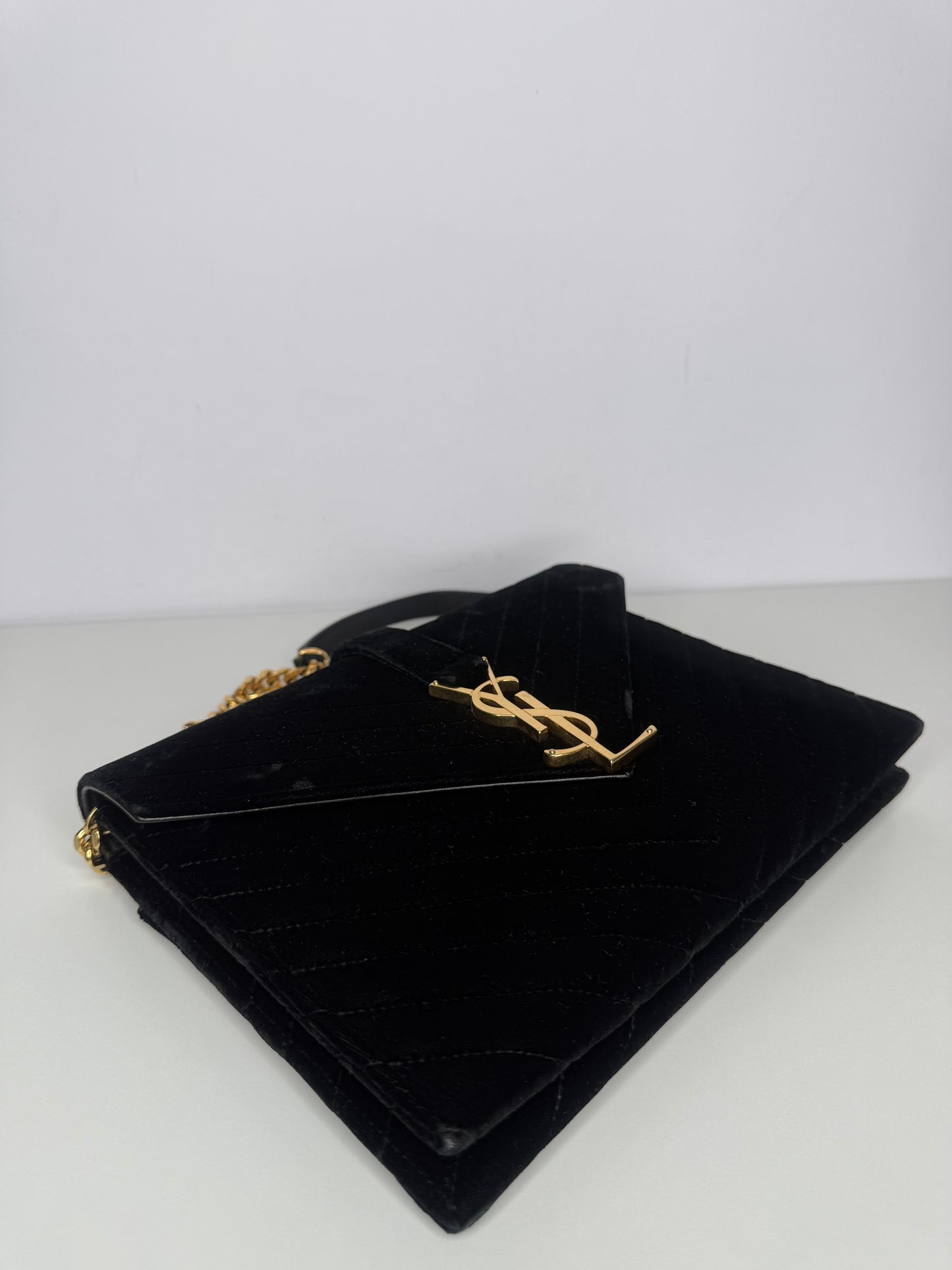 Saint Laurent Black Velvet Matelasse Medium Envelope Shoulder Bag