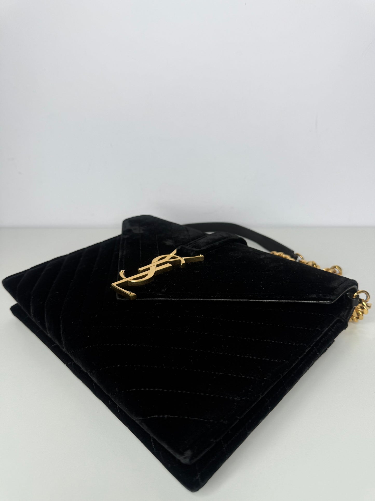 Saint Laurent Black Velvet Matelasse Medium Envelope Shoulder Bag