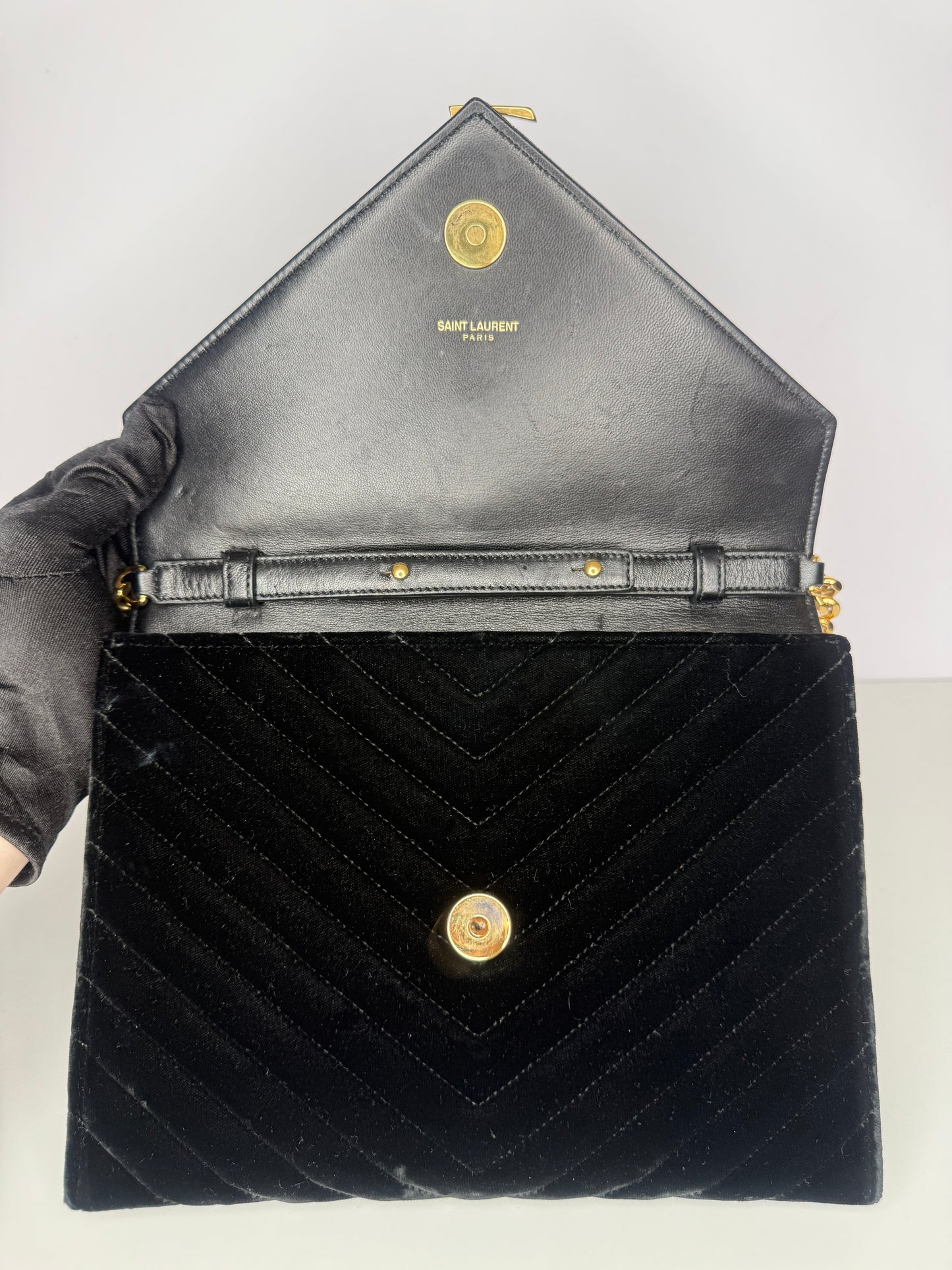 Saint Laurent Black Velvet Matelasse Medium Envelope Shoulder Bag