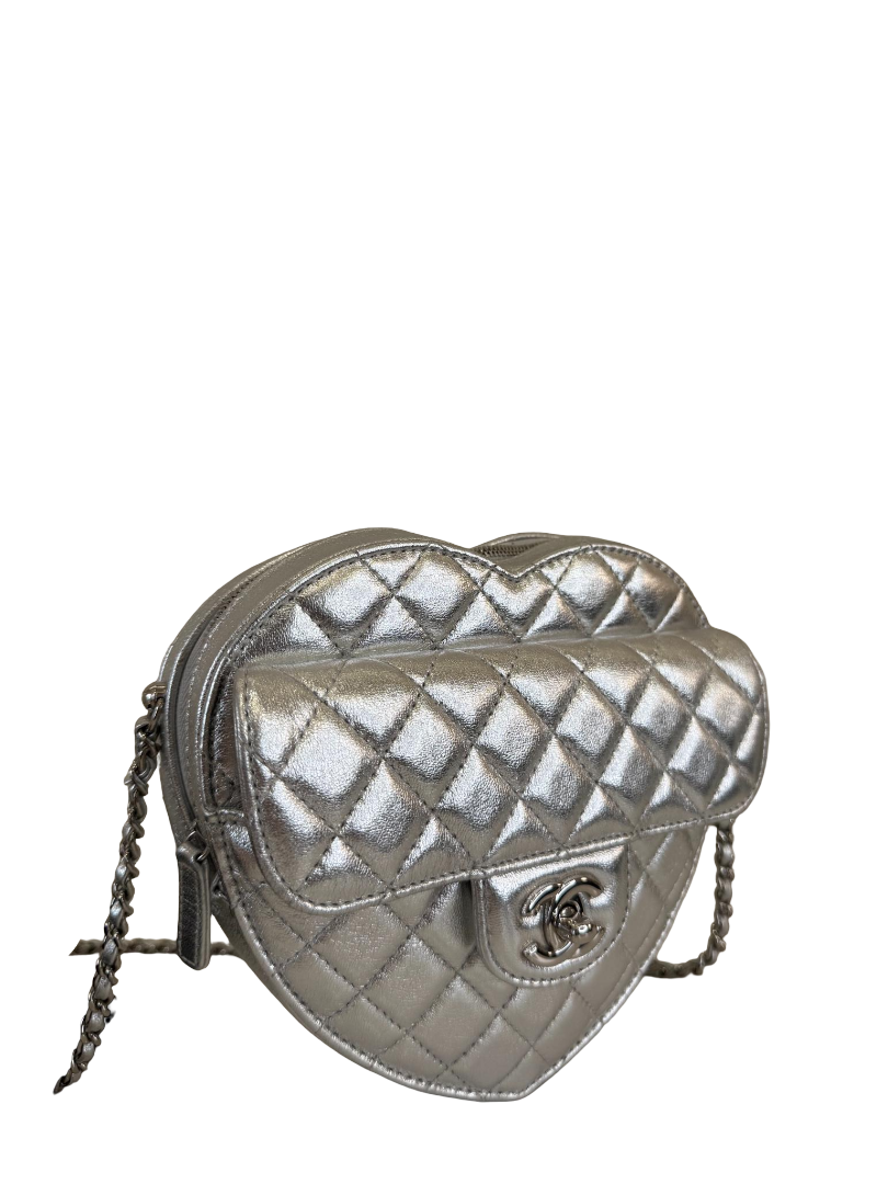 Chanel CC In Love Metallic Silver Lambskin Heart Shaped Bag