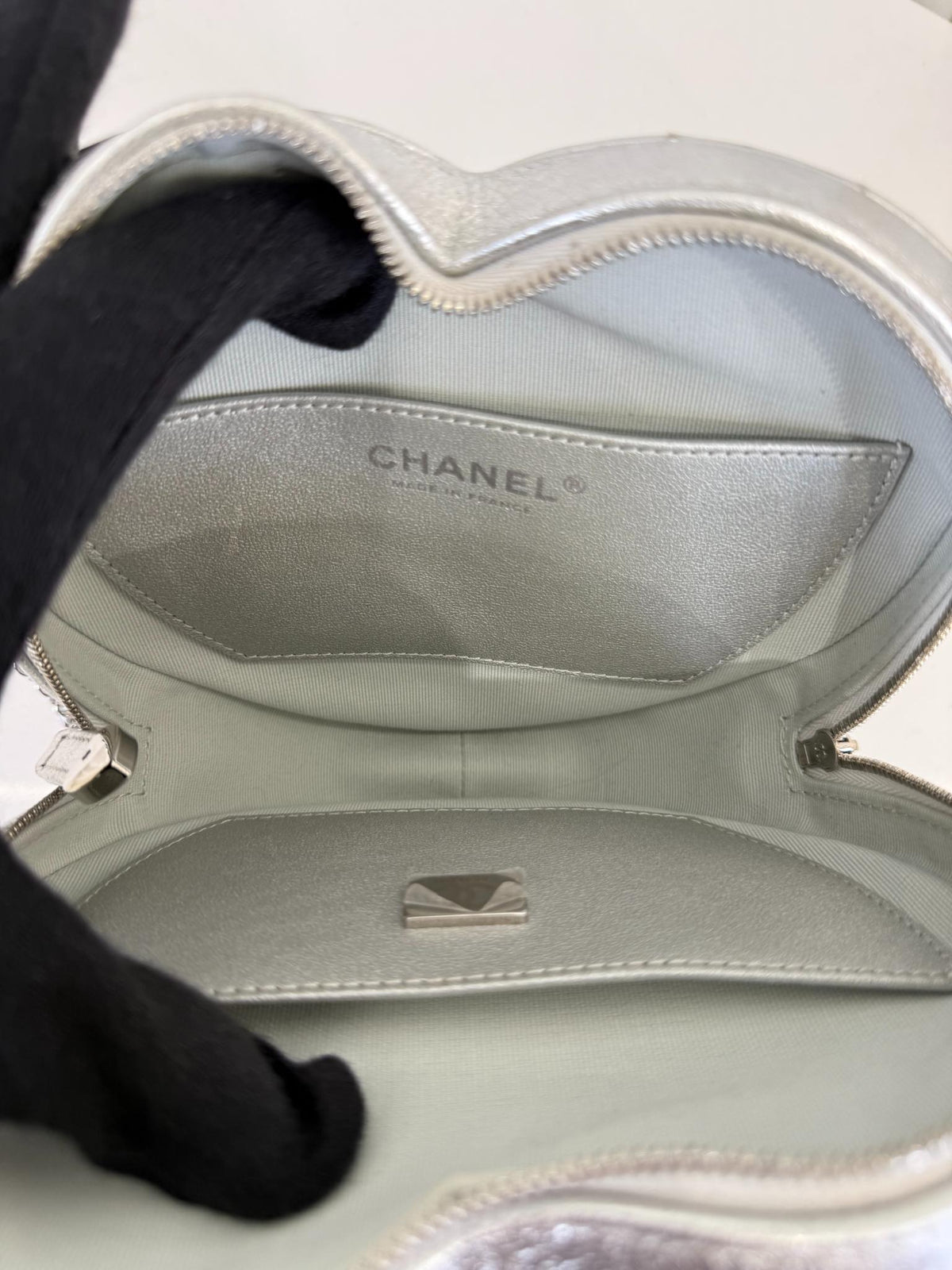 Chanel CC In Love Metallic Silver Lambskin Heart Shaped Bag