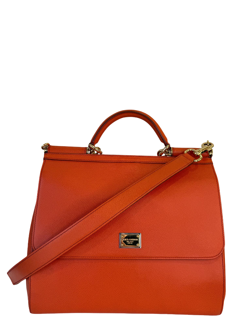 Dolce Gabbana Large Sicily Orange Dauphine Calfskin Top Handle Bag